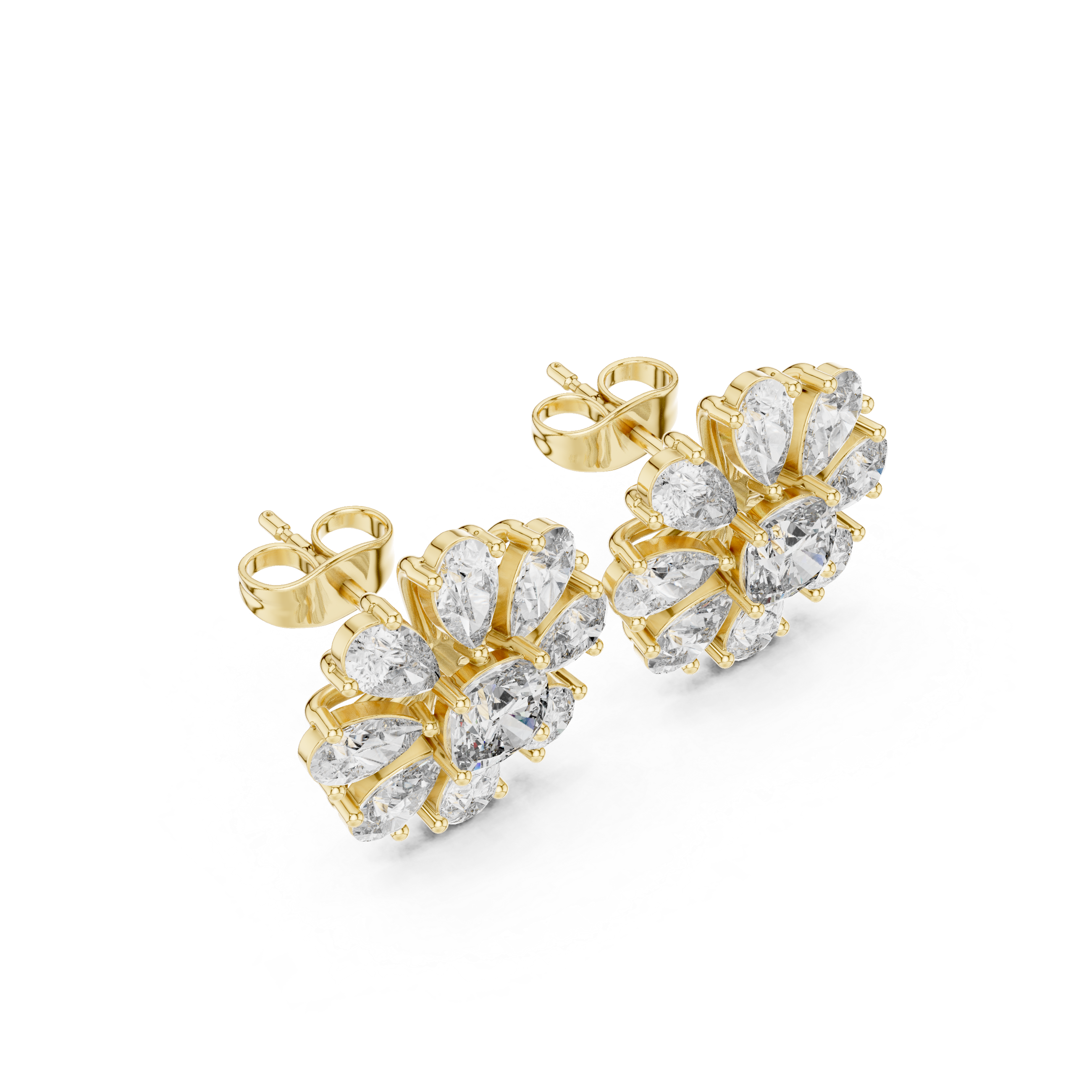 Brilliant pear and cushion diamond floral stud earrings shine detail