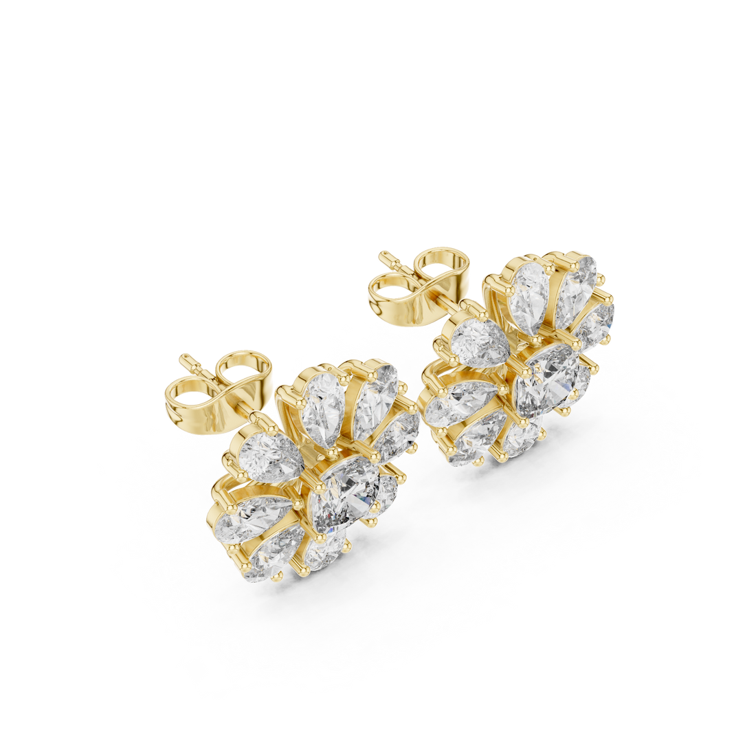 Brilliant pear and cushion diamond floral stud earrings shine detail