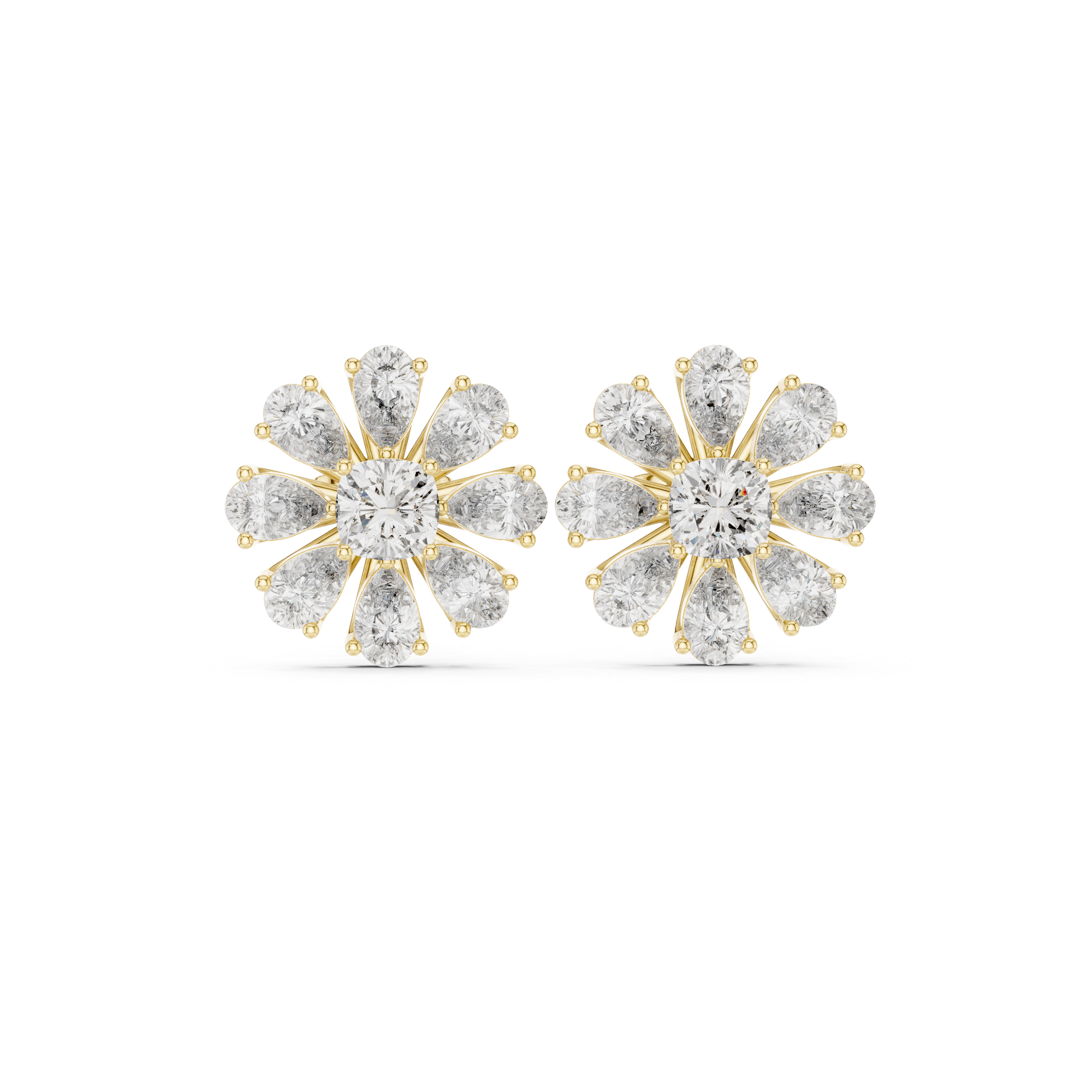High shine pear and cushion diamond floral cluster stud earrings