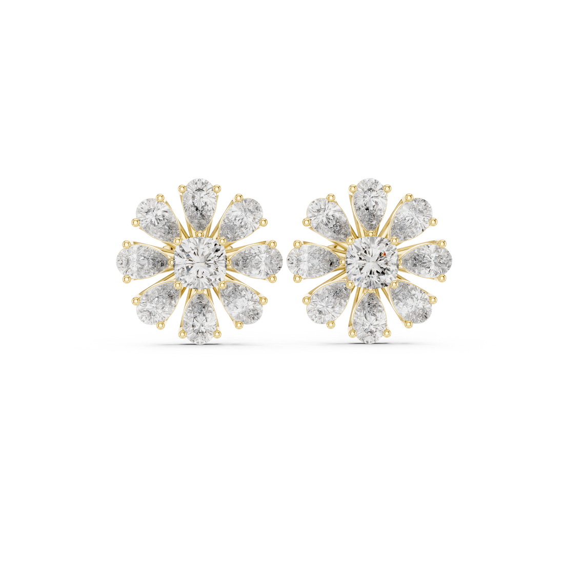 High shine pear and cushion diamond floral cluster stud earrings