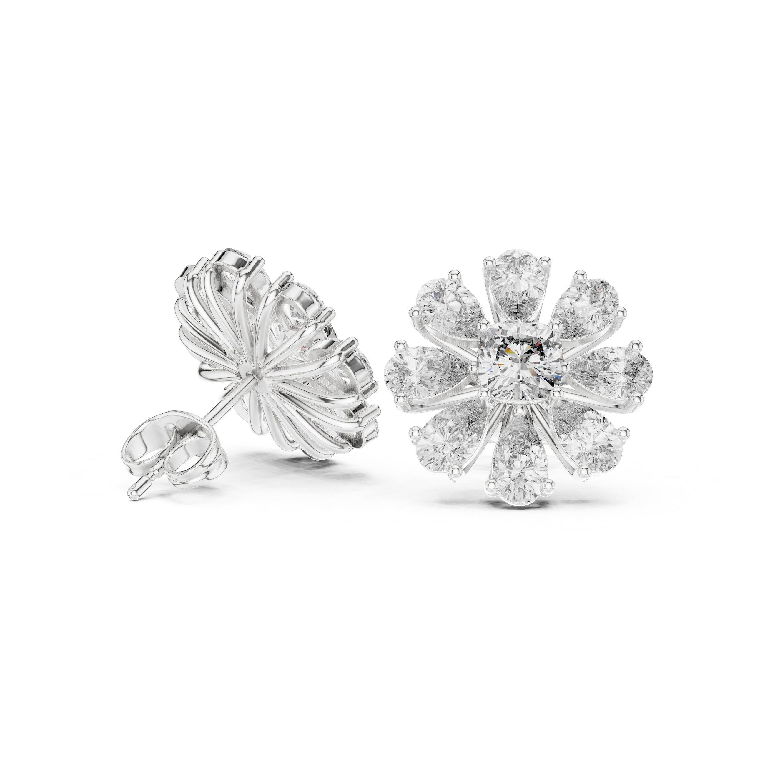 Close-up of pear and cushion diamond floral cluster stud earrings detail