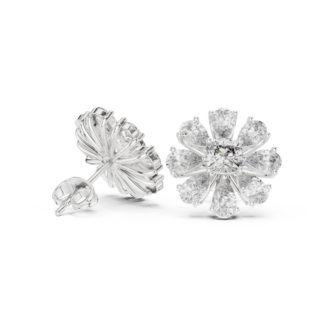 Close-up of pear and cushion diamond floral cluster stud earrings detail