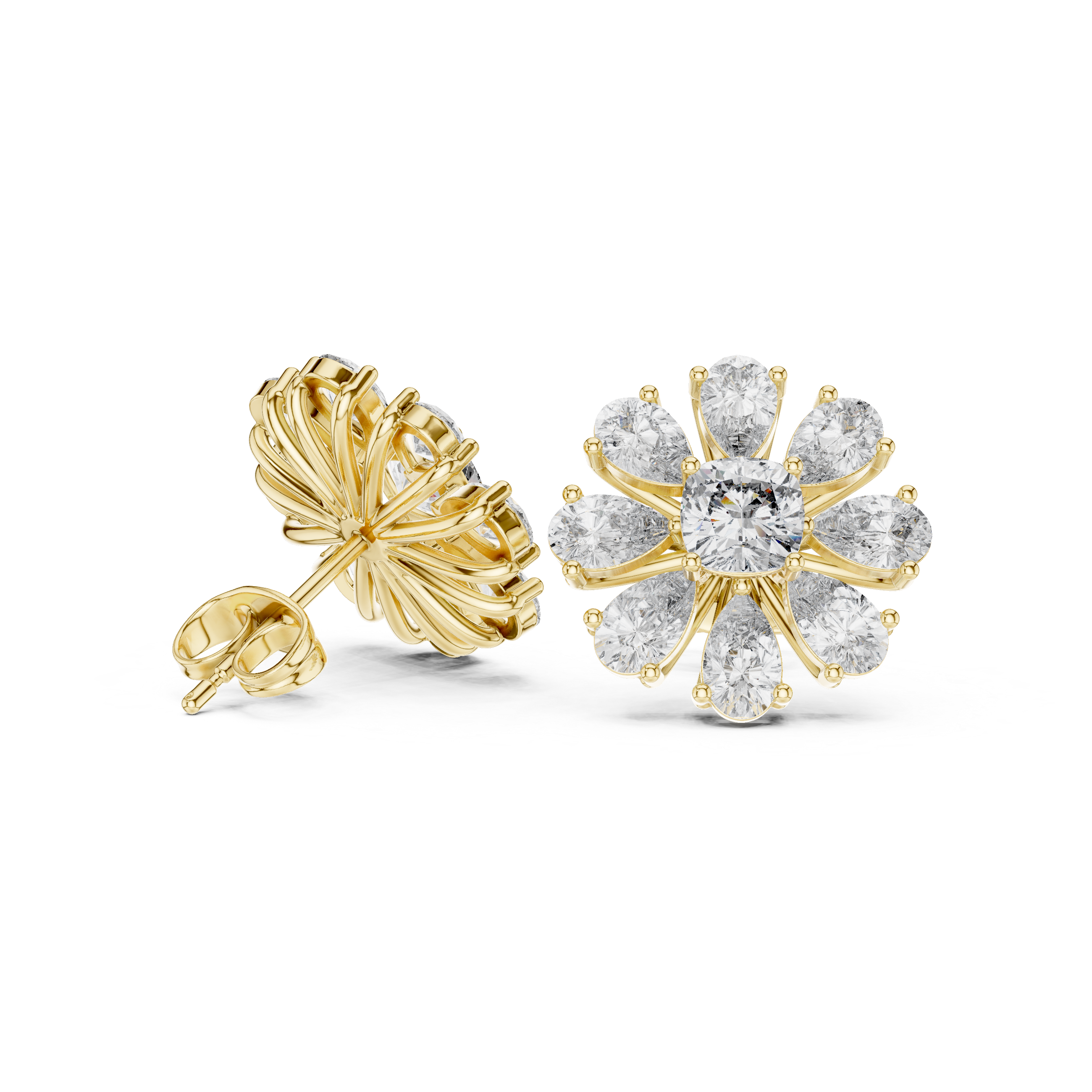 Premium pear and cushion diamond floral cluster stud earrings modern design