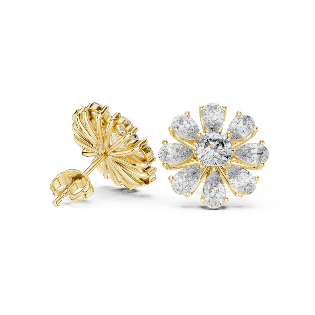 Premium pear and cushion diamond floral cluster stud earrings modern design