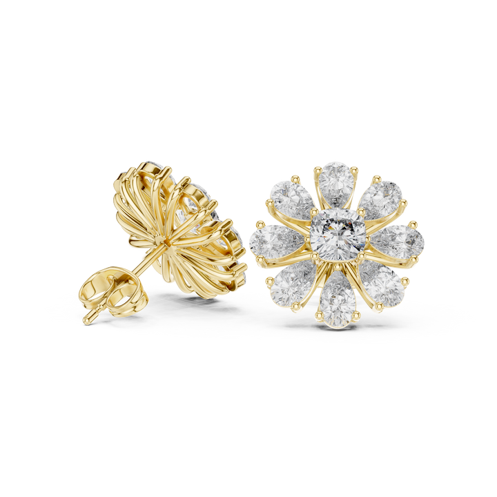 Premium pear and cushion diamond floral cluster stud earrings modern design