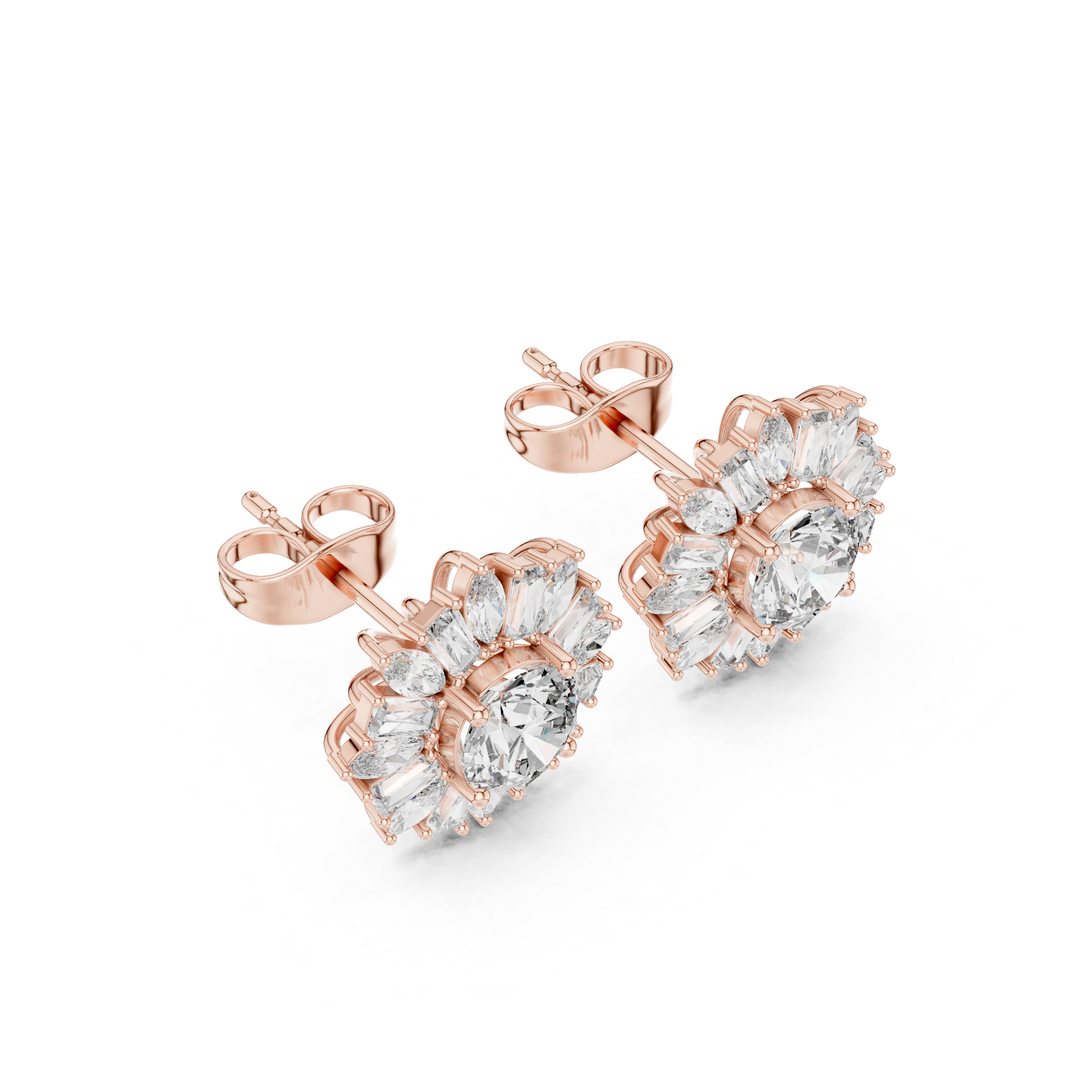 Diamond halo stud earrings with round center marquise and baguette floral burst design