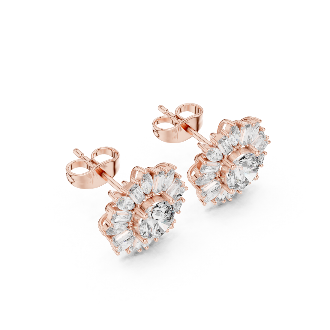 Diamond halo stud earrings with round center marquise and baguette floral burst design