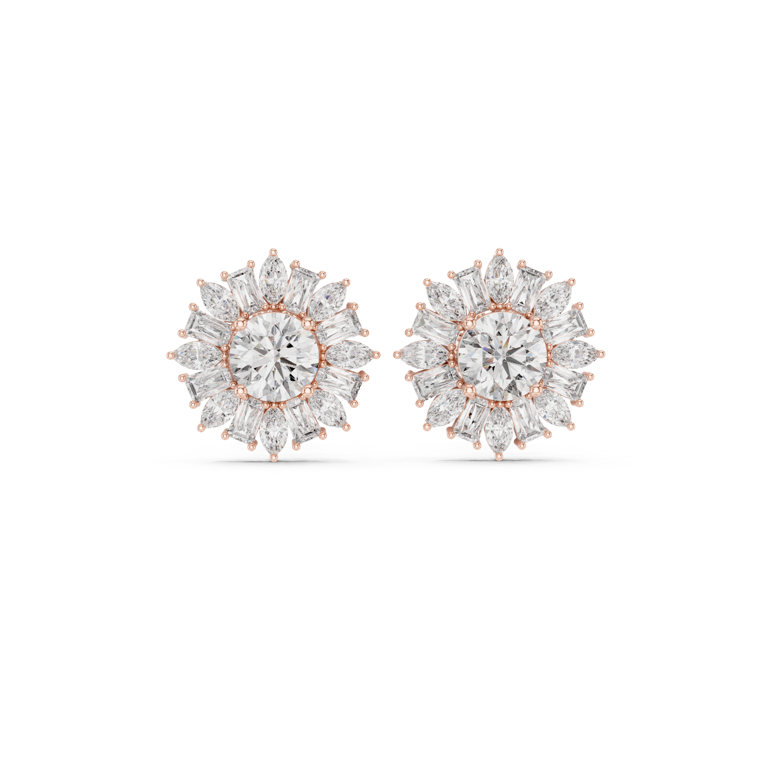 Round cut diamond center halo stud earrings with marquise and baguette floral burst