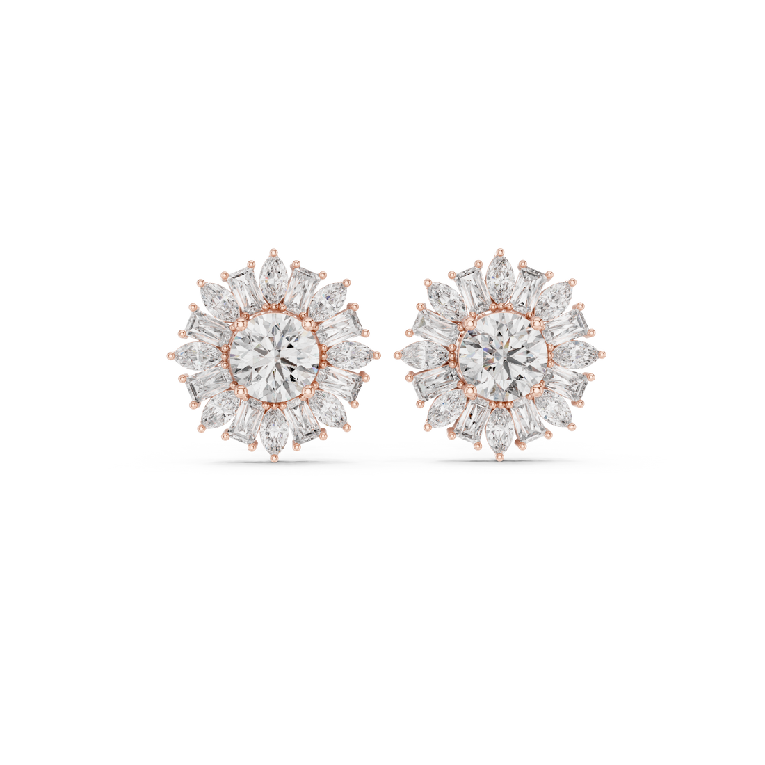 Round cut diamond center halo stud earrings with marquise and baguette floral burst