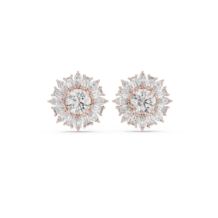 Round cut diamond center halo stud earrings with marquise and baguette floral burst