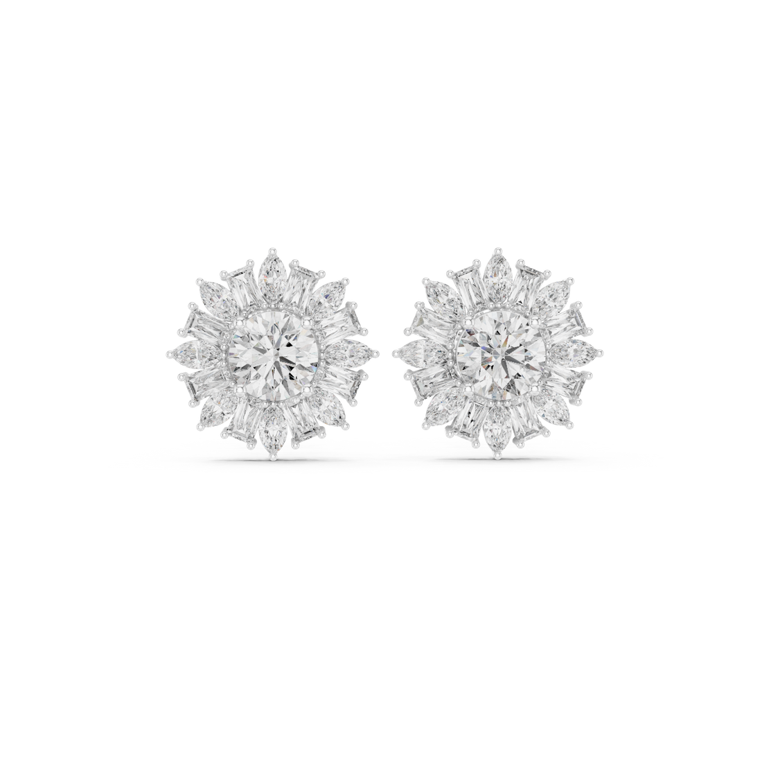 Fine jewelry round diamond halo stud earrings floral burst marquise baguette design