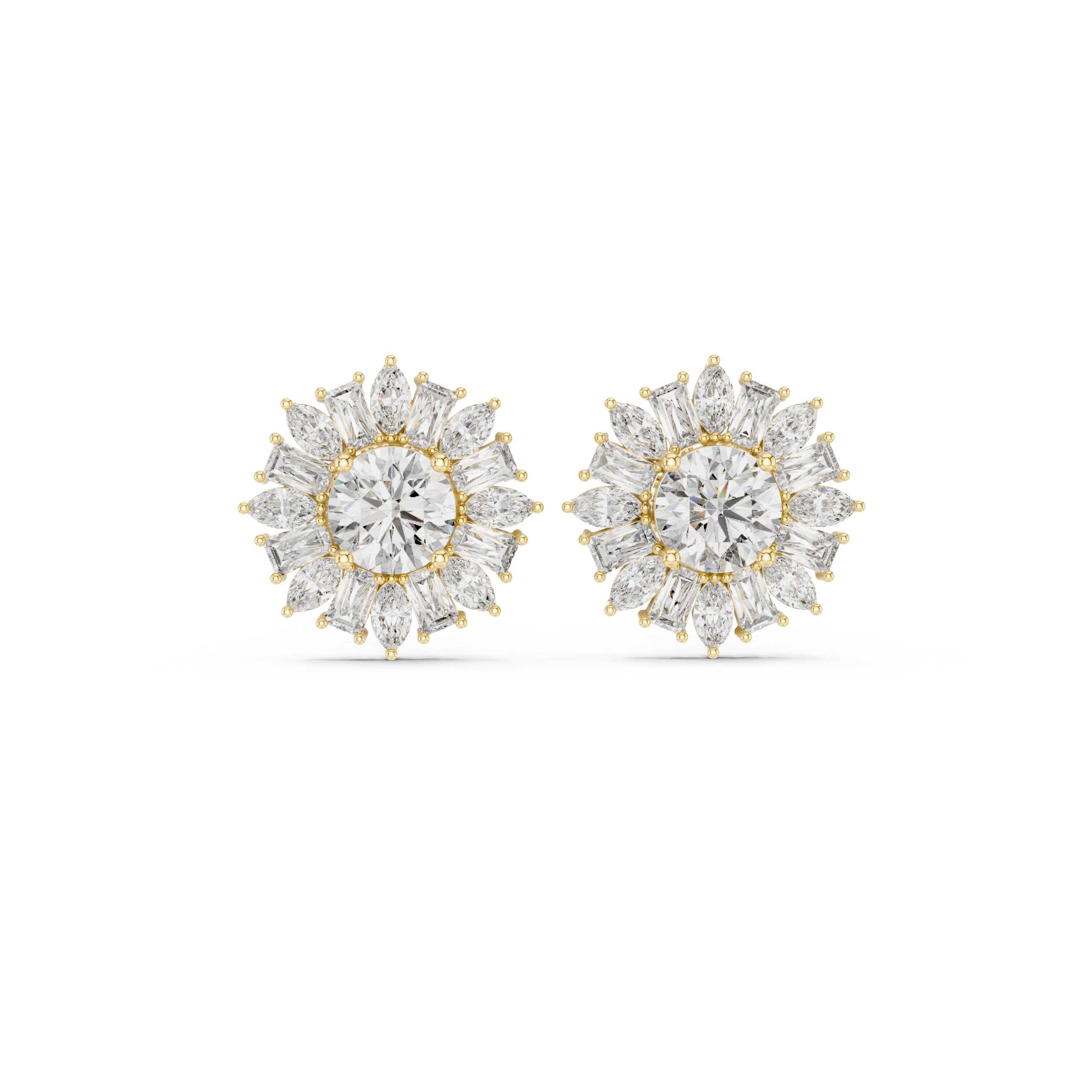 High shine round cut diamond halo floral burst stud earrings modern design