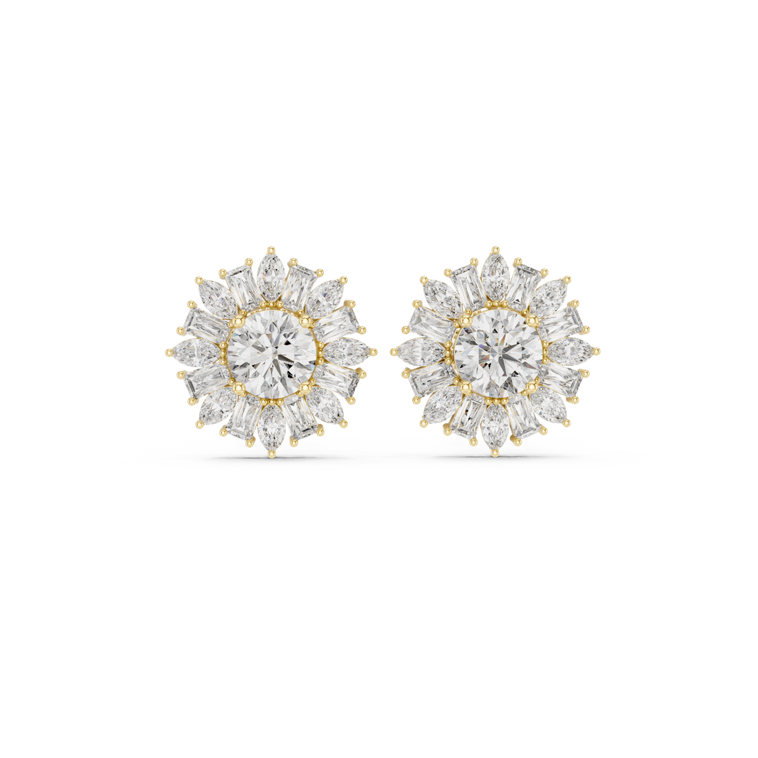 High shine round cut diamond halo floral burst stud earrings modern design