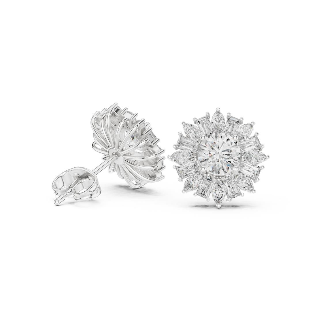 Close-up of round cut diamond halo stud earrings marquise baguette detail