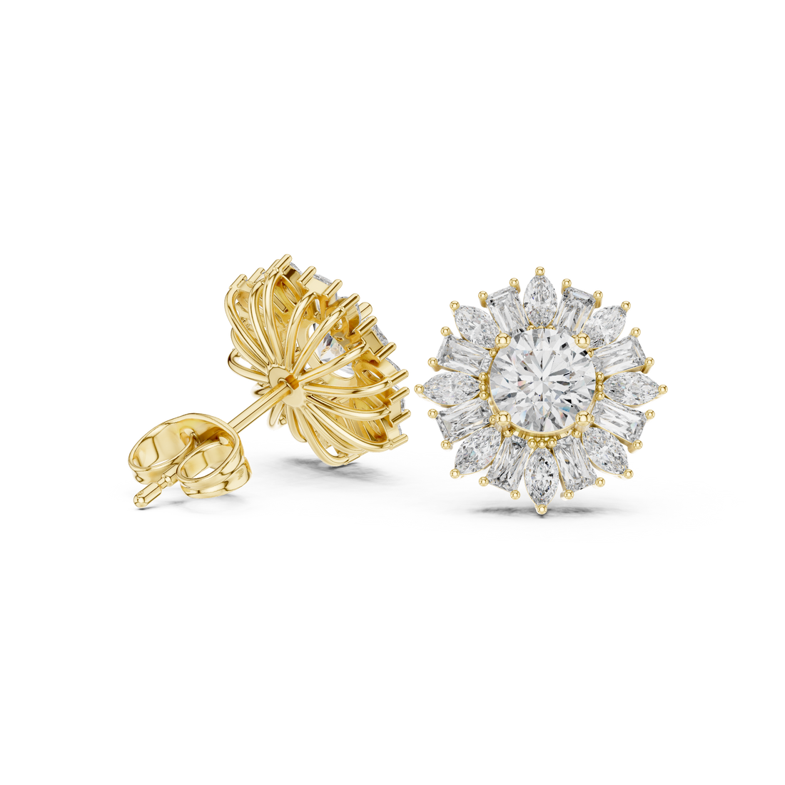Premium round diamond halo floral burst stud earrings with modern elegance