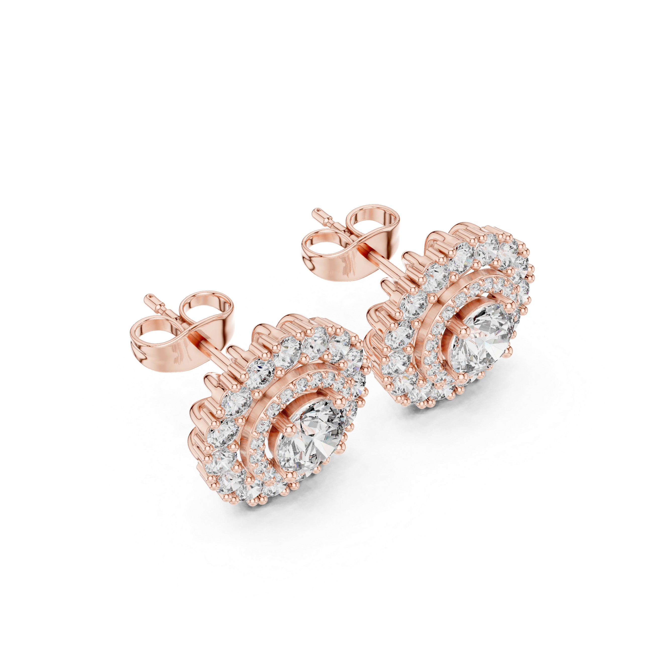 Double halo cluster stud earrings with round cut diamonds