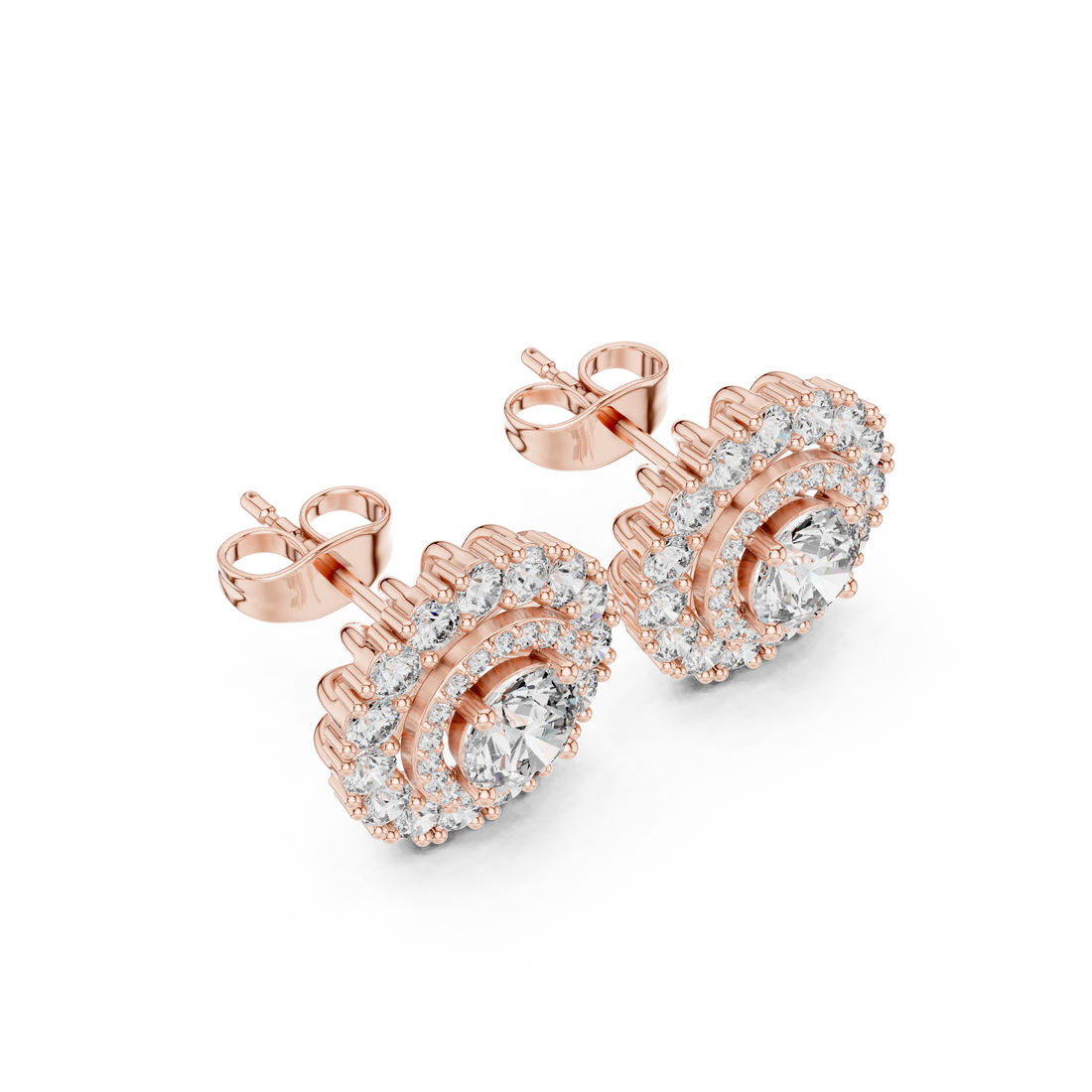 Double halo cluster stud earrings with round cut diamonds