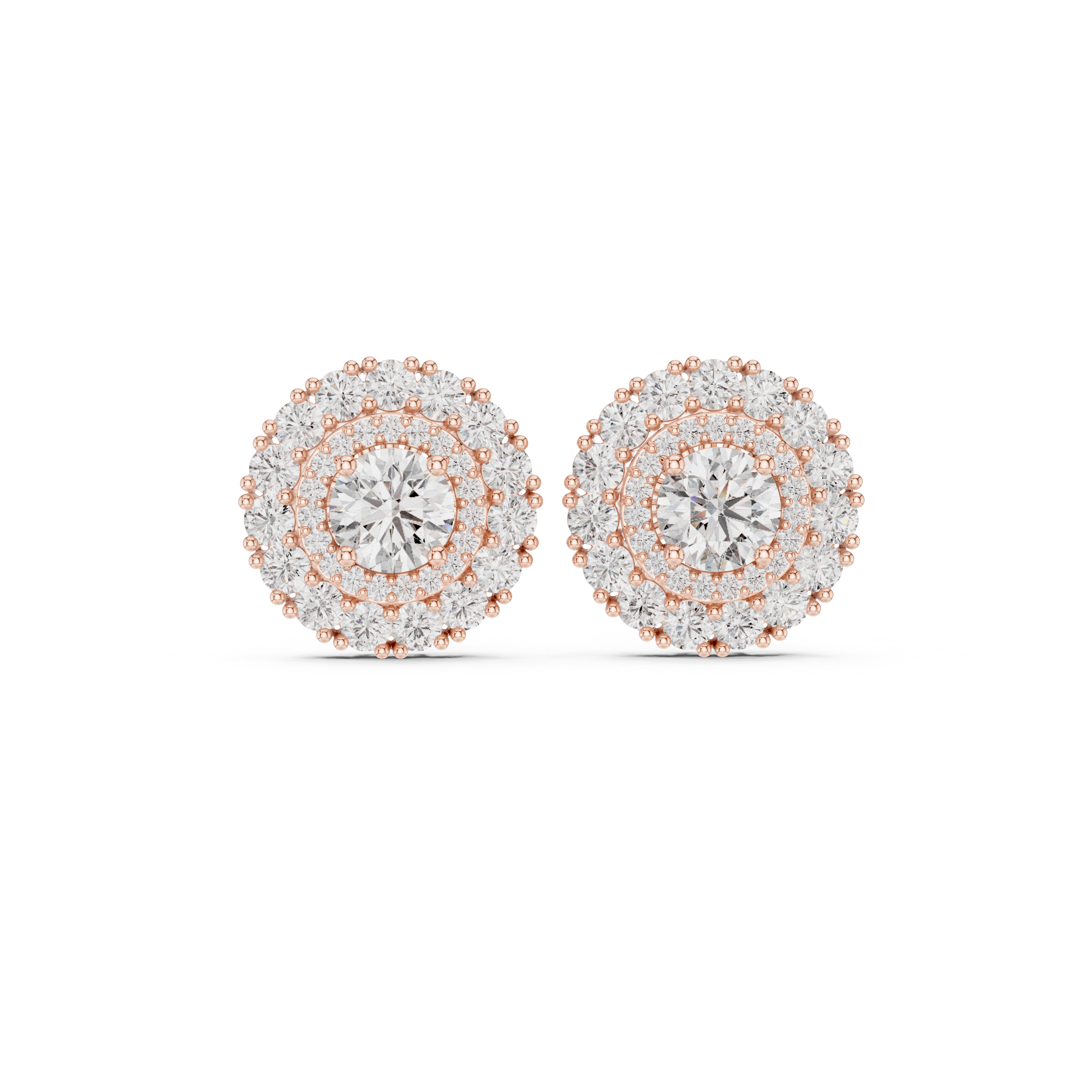 Round cut diamond double halo cluster stud earrings