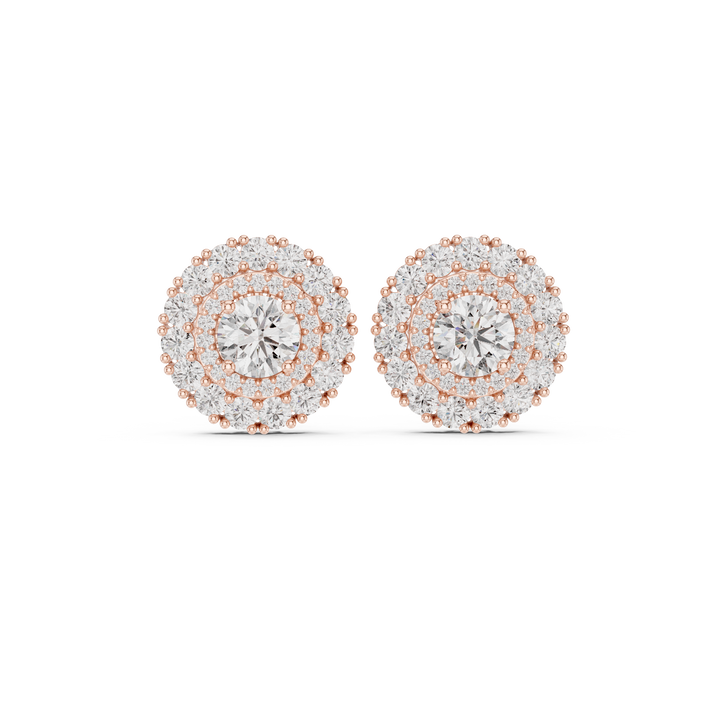 Round cut diamond double halo cluster stud earrings