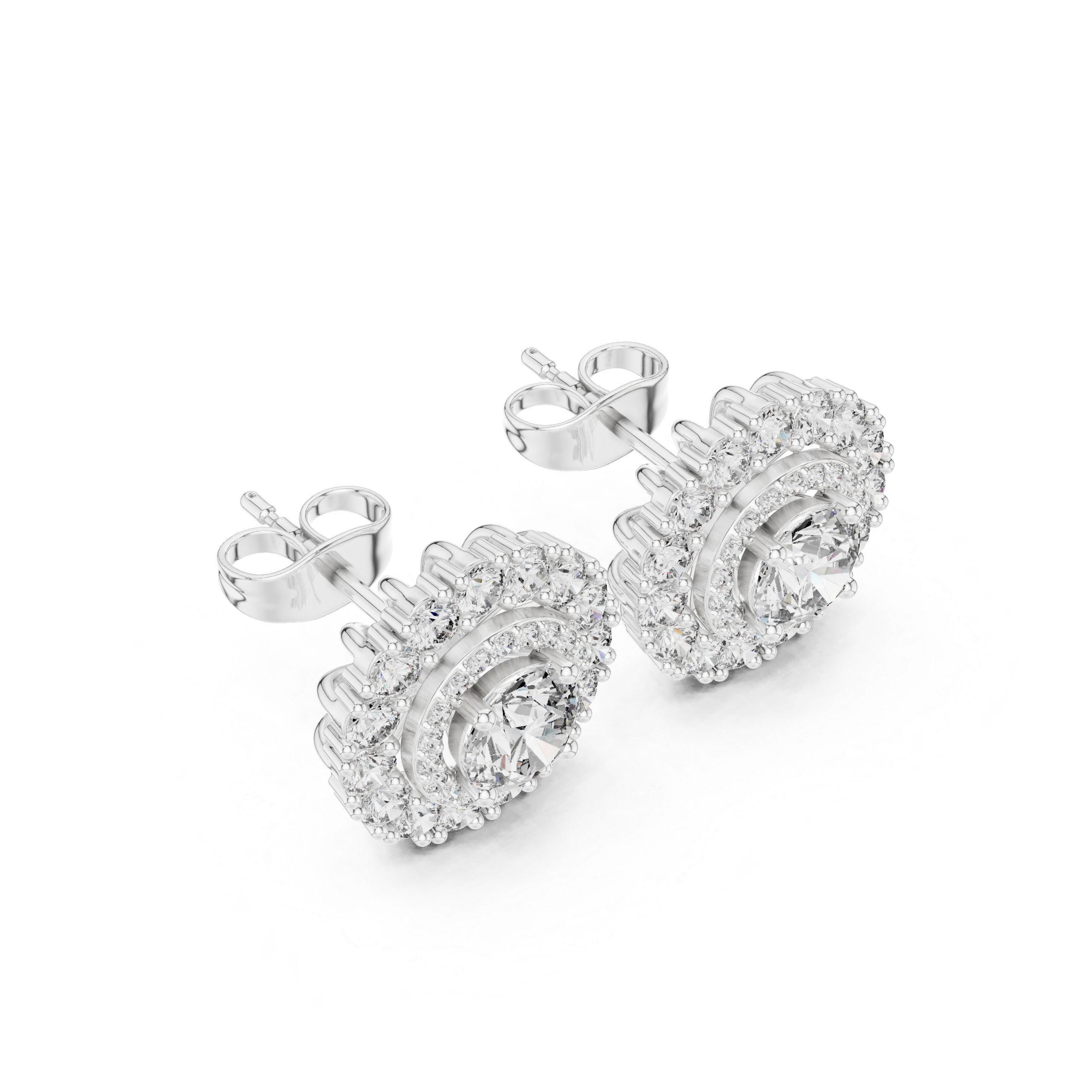 Sparkling round diamond double halo cluster stud earrings close-up