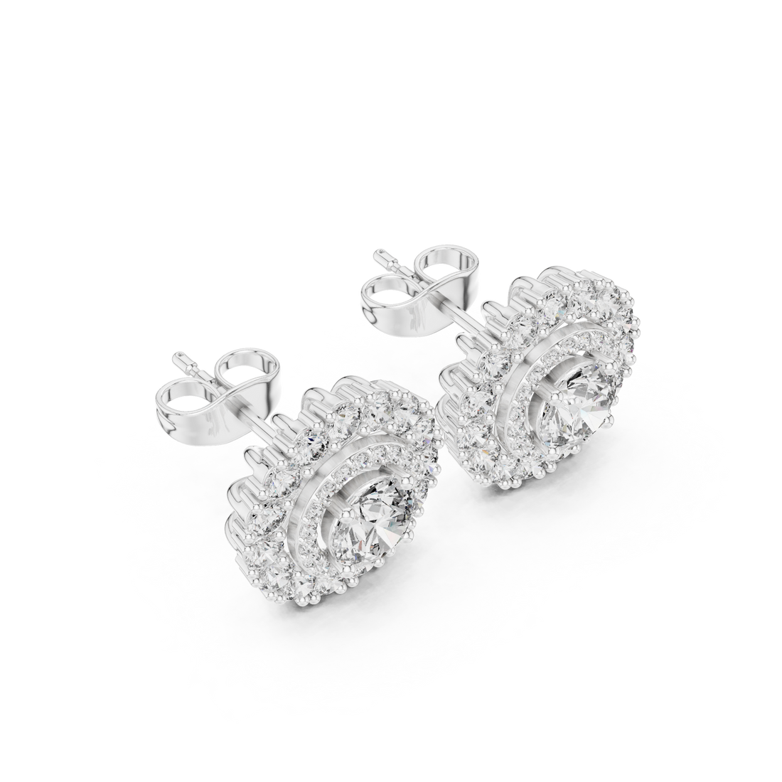 Sparkling round diamond double halo cluster stud earrings close-up