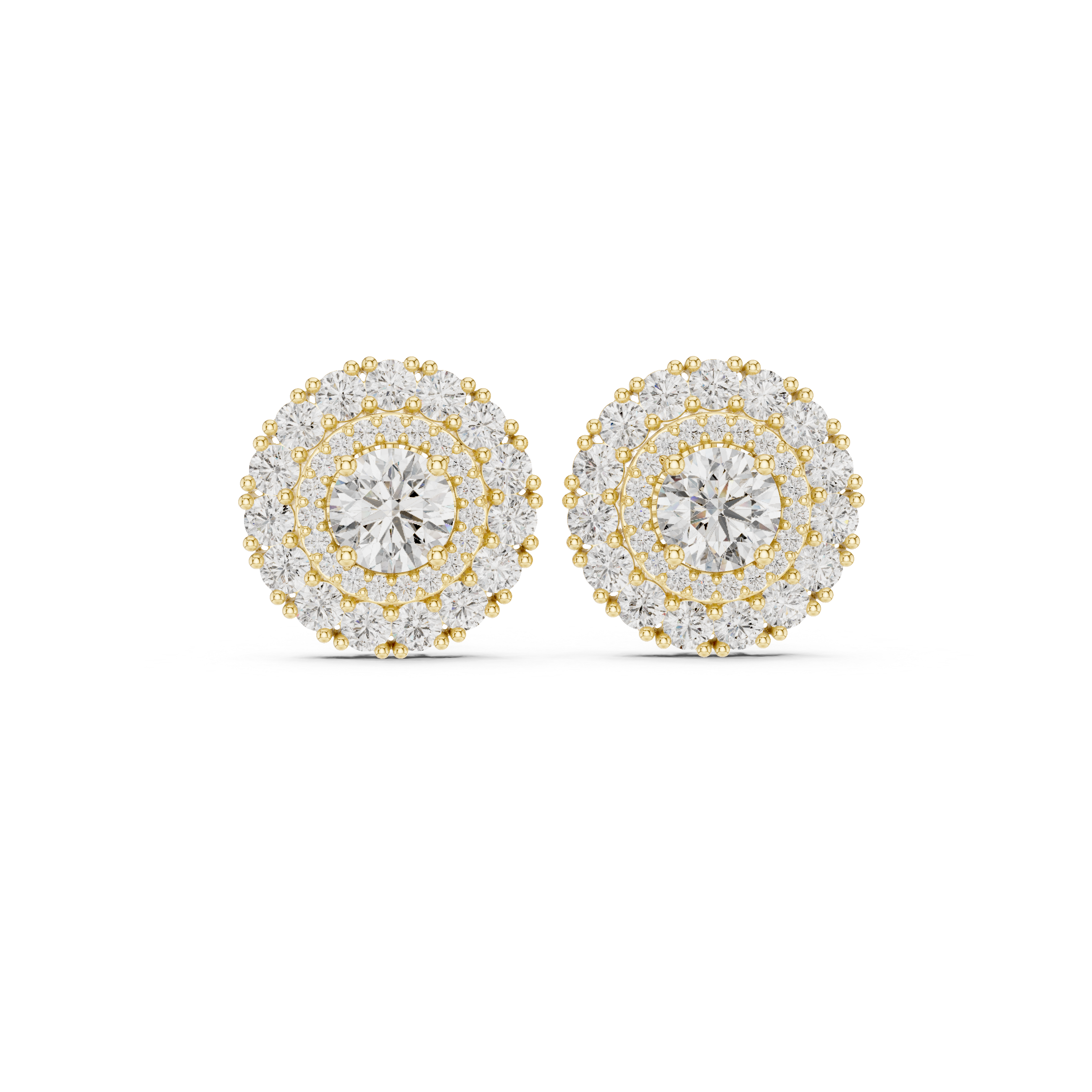 High shine round cut diamond double halo cluster stud earrings