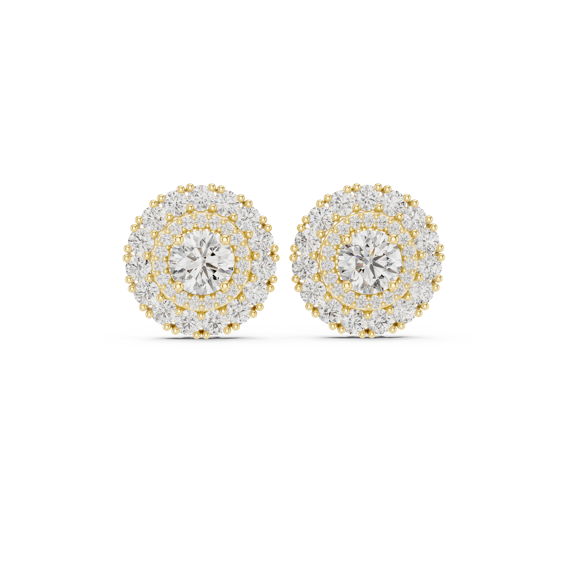 High shine round cut diamond double halo cluster stud earrings