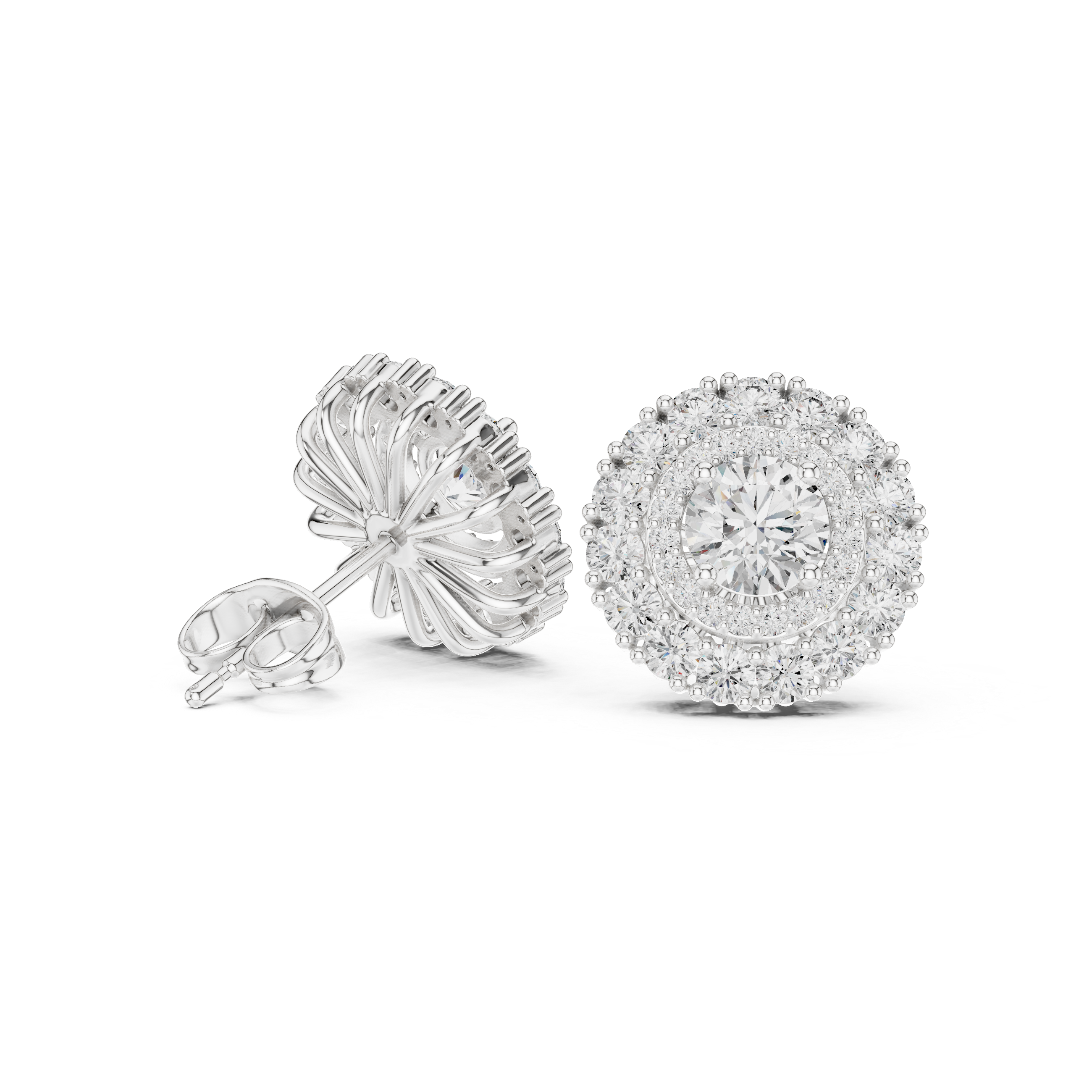 Close-up of round cut diamond double halo cluster stud earrings detail