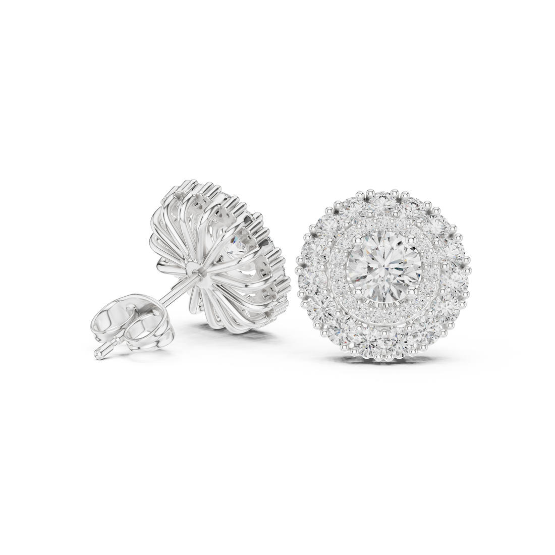 Close-up of round cut diamond double halo cluster stud earrings detail