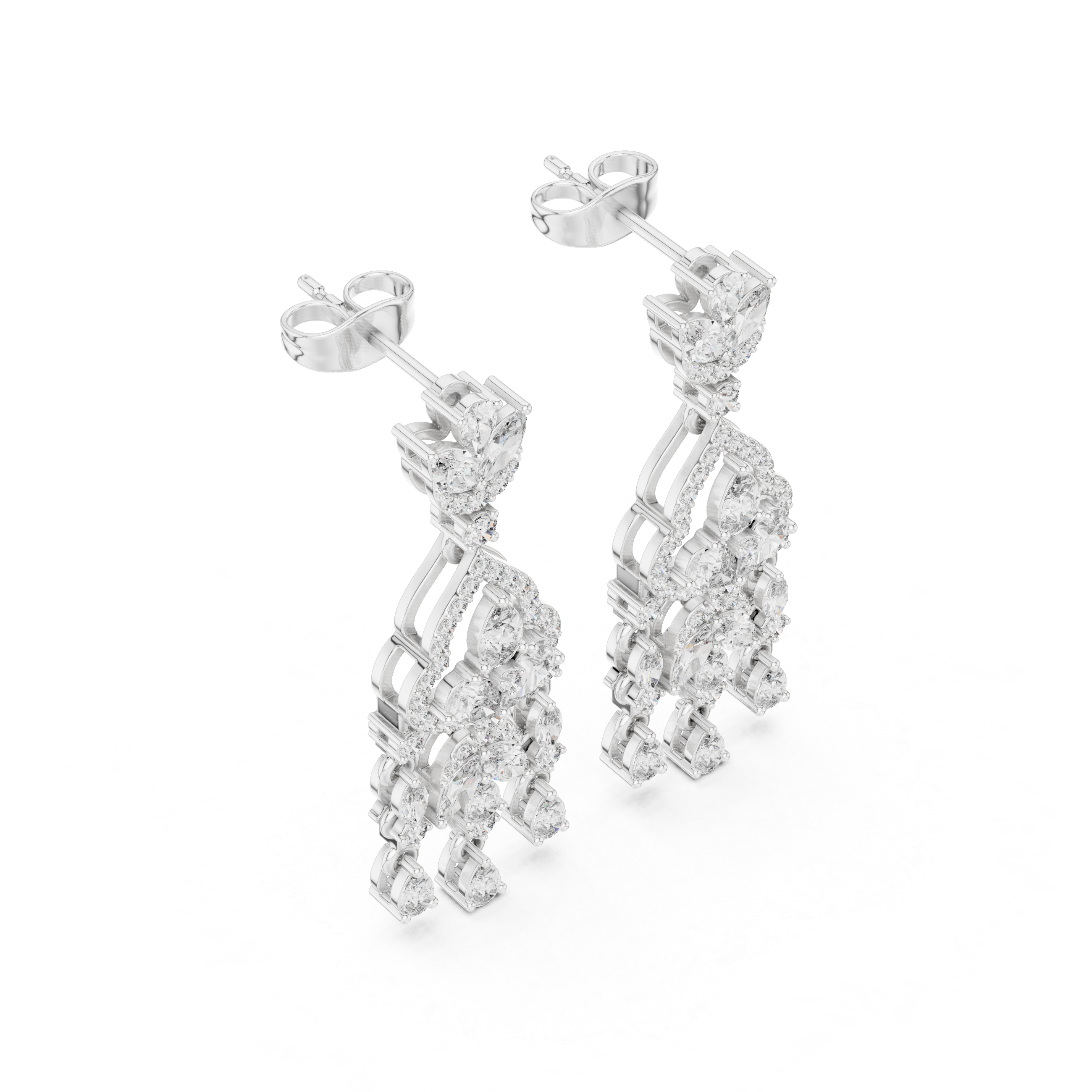 Sparkling pear and marquise diamond chandelier drop earrings close-up
