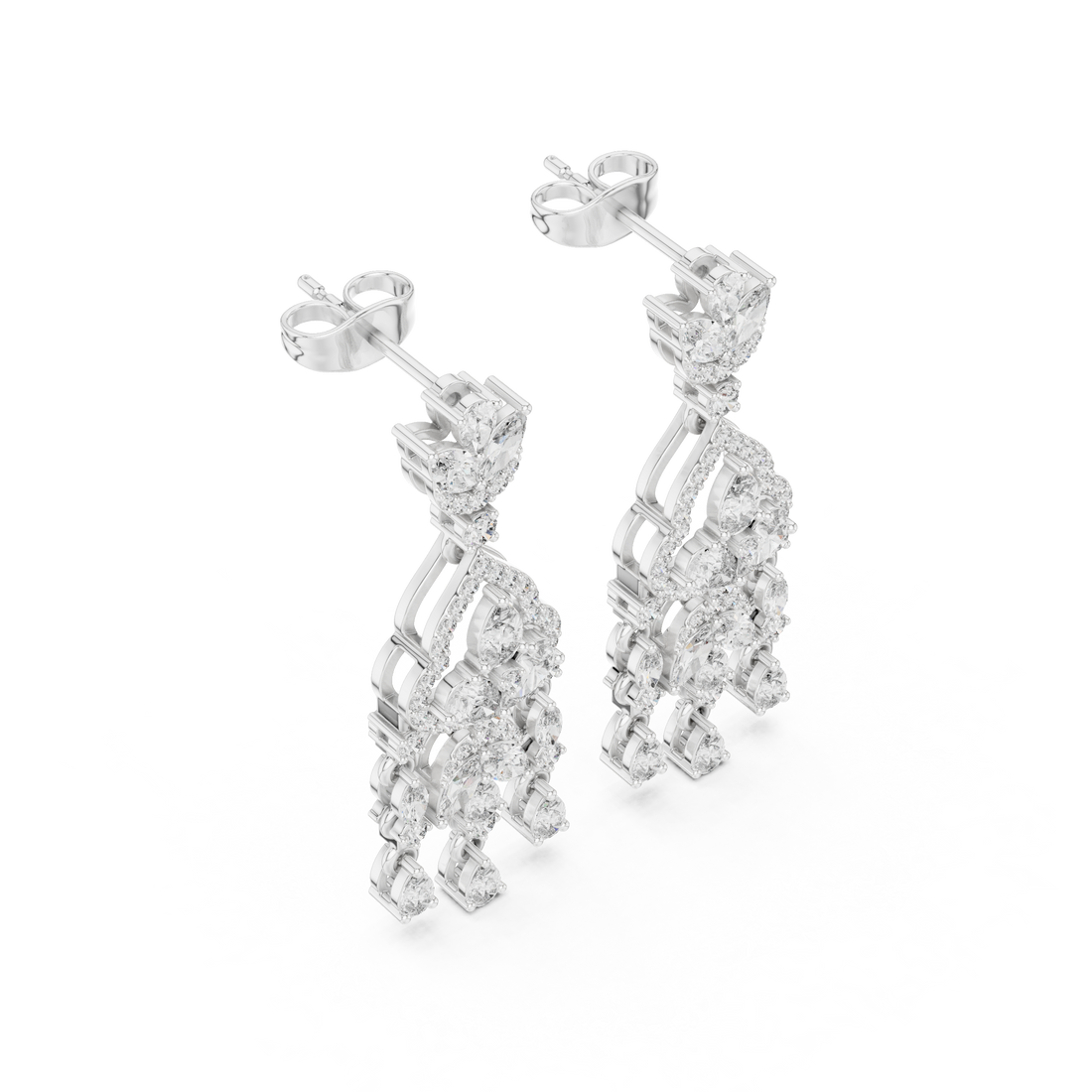 Sparkling pear and marquise diamond chandelier drop earrings close-up