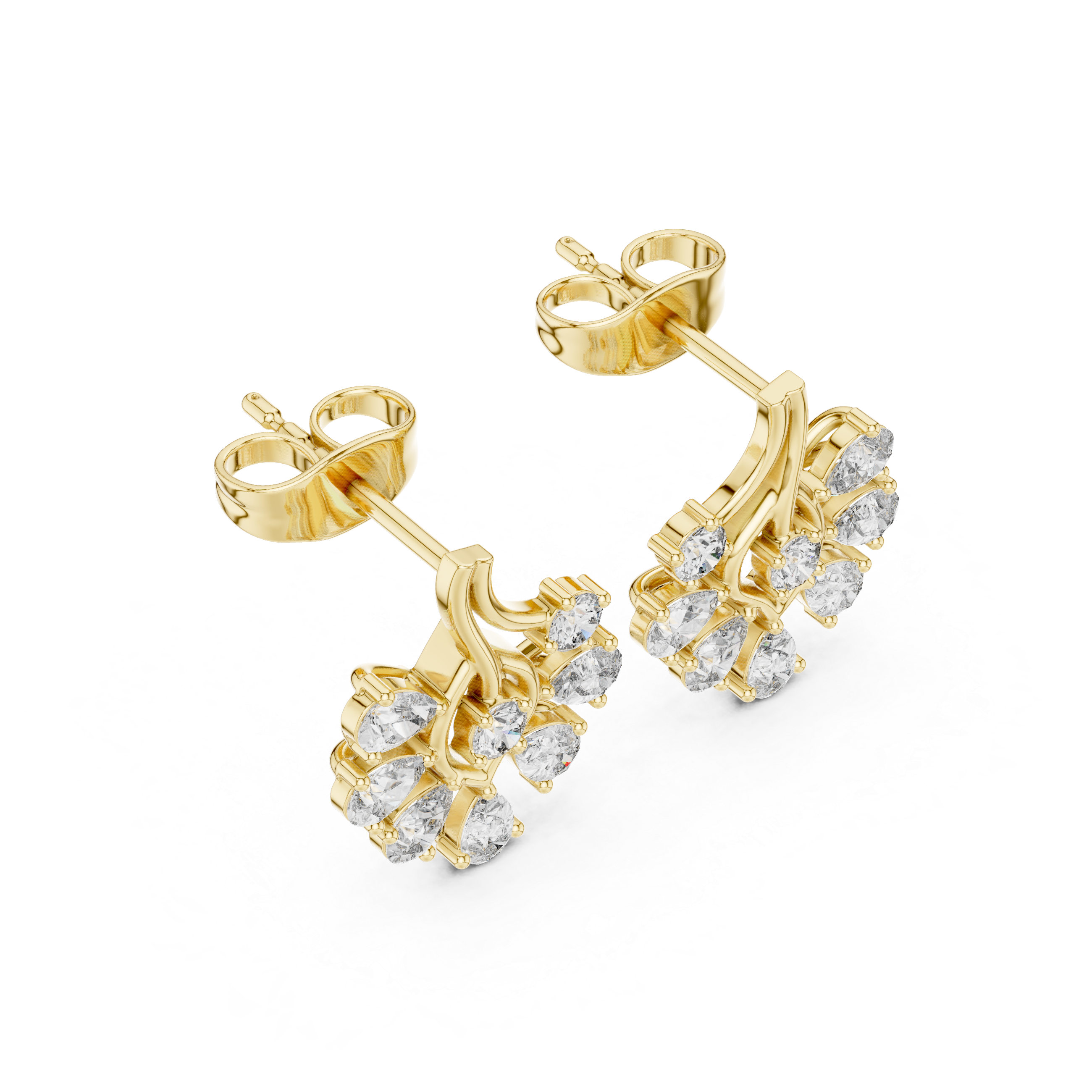 Brilliant pear and round diamond sunburst stud earrings shine detail
