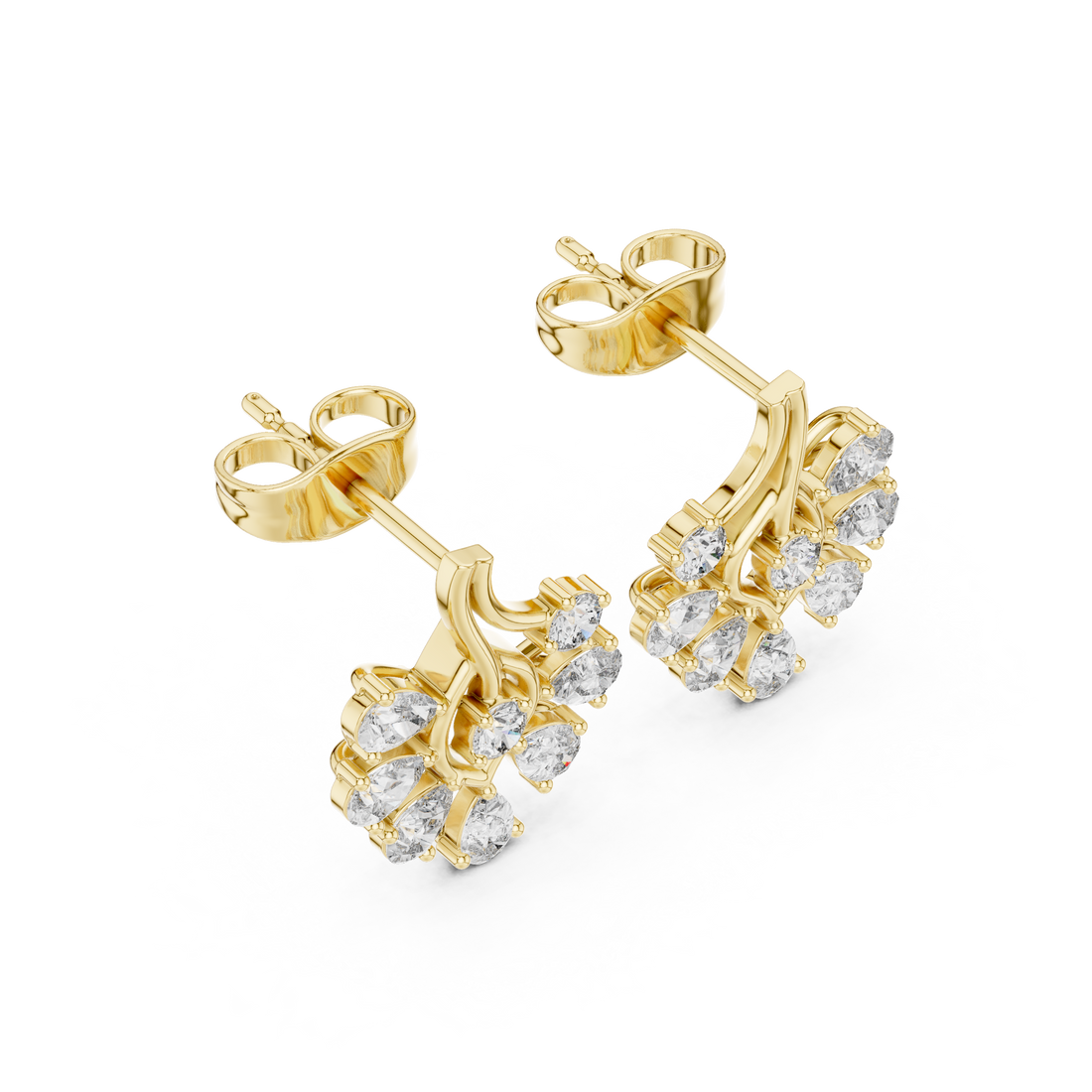 Brilliant pear and round diamond sunburst stud earrings shine detail