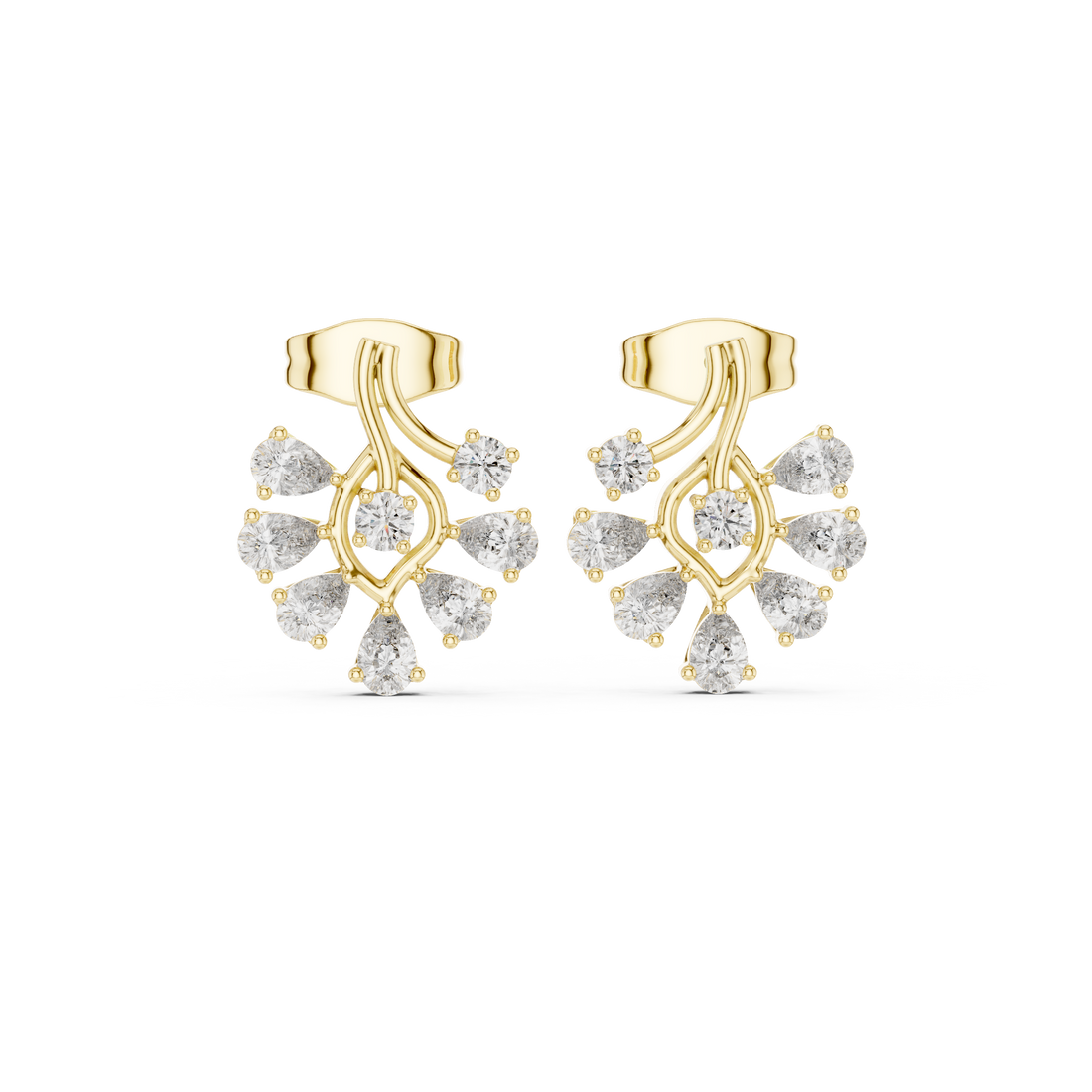 High shine pear and round diamond sunburst cluster stud earrings