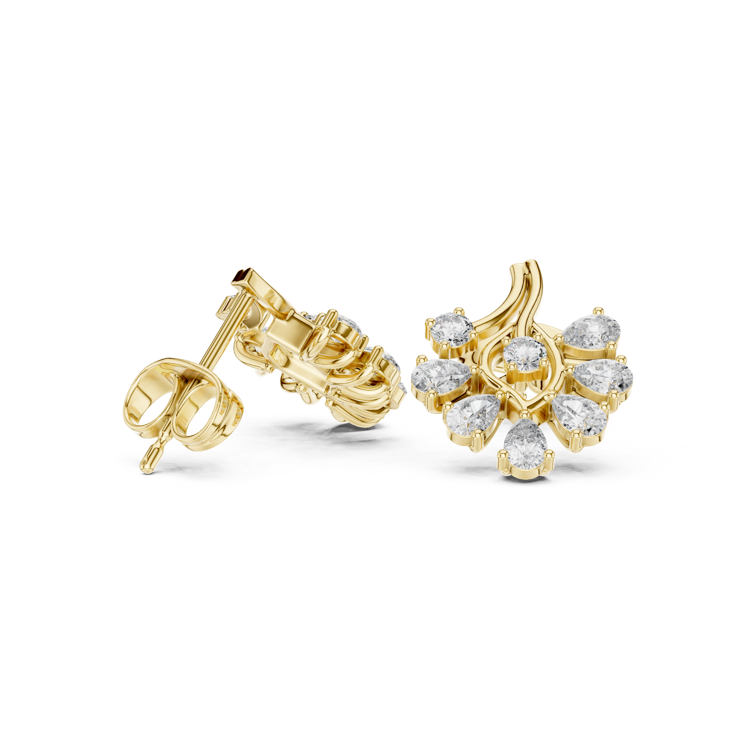 Premium pear and round diamond sunburst cluster stud earrings modern design