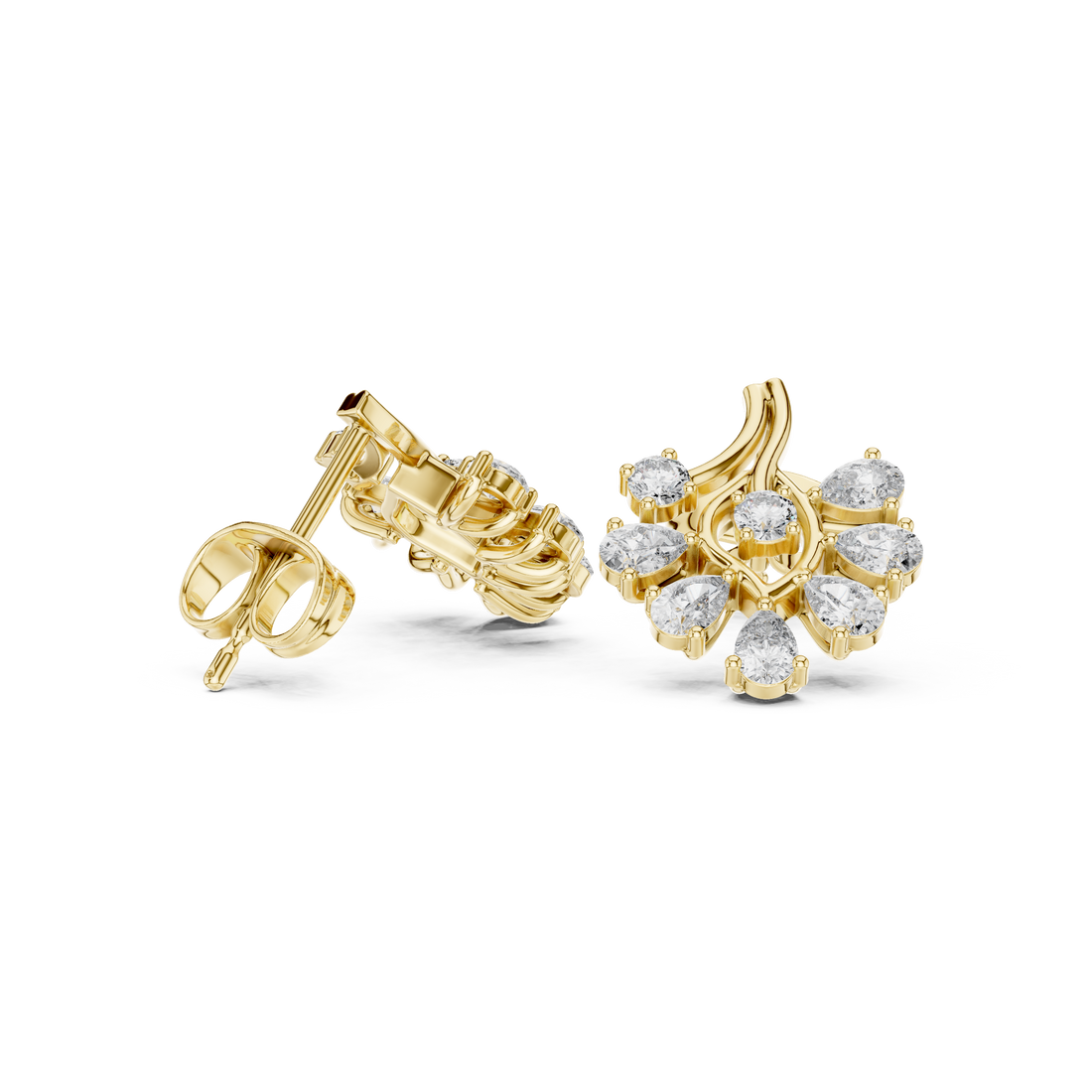 Premium pear and round diamond sunburst cluster stud earrings modern design