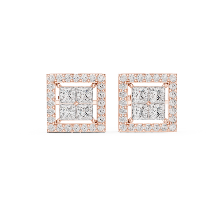 Princess cut diamond square halo stud earrings with round brilliant border