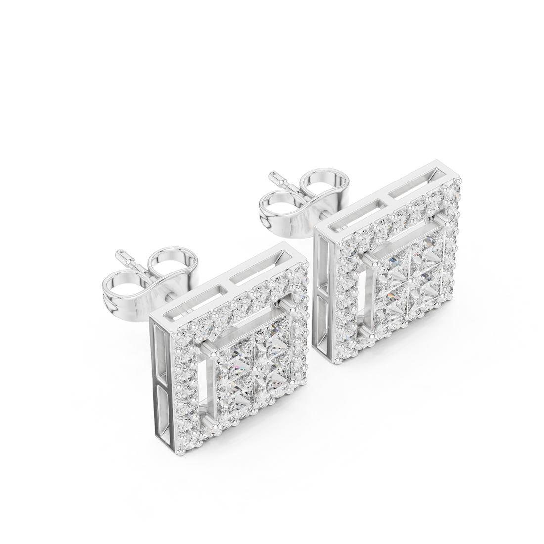 Sparkling princess cut diamond halo stud earrings close-up round brilliant detail