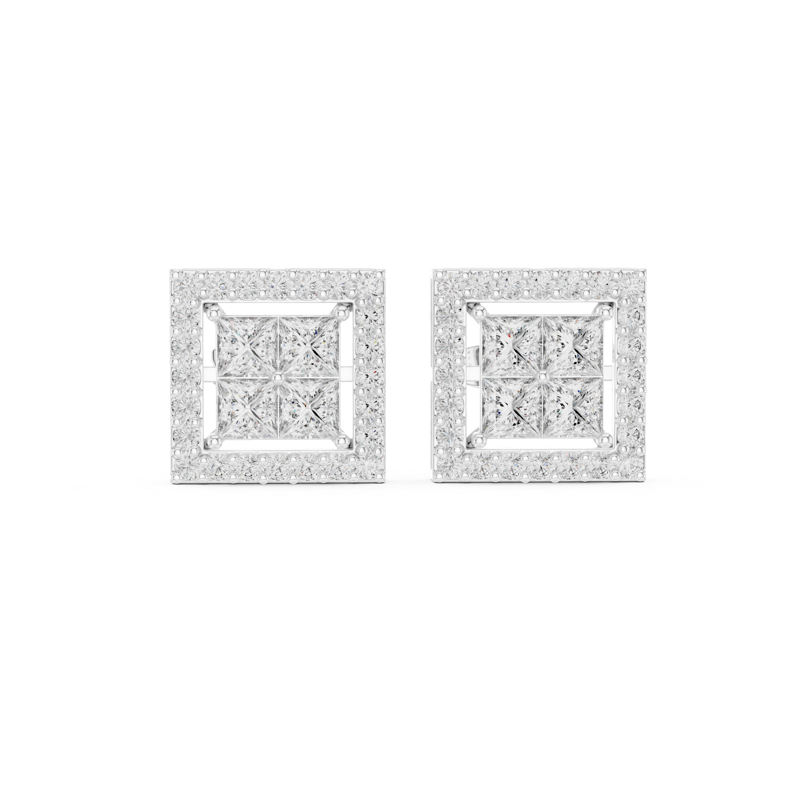 Fine jewelry princess cut diamond square halo stud earrings round border style