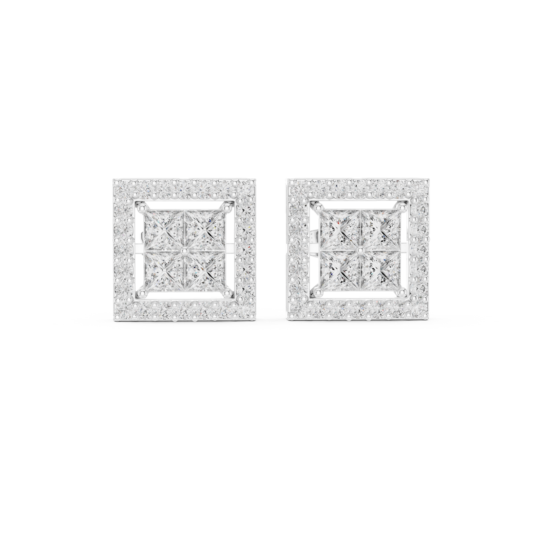 Fine jewelry princess cut diamond square halo stud earrings round border style
