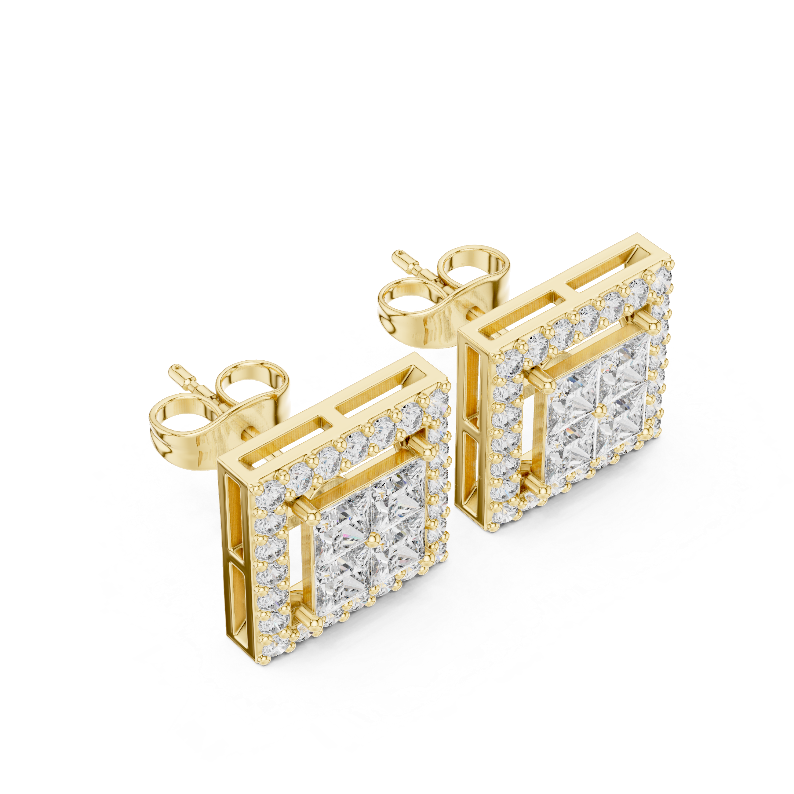 Brilliant princess cut diamond halo stud earrings with round brilliant frame