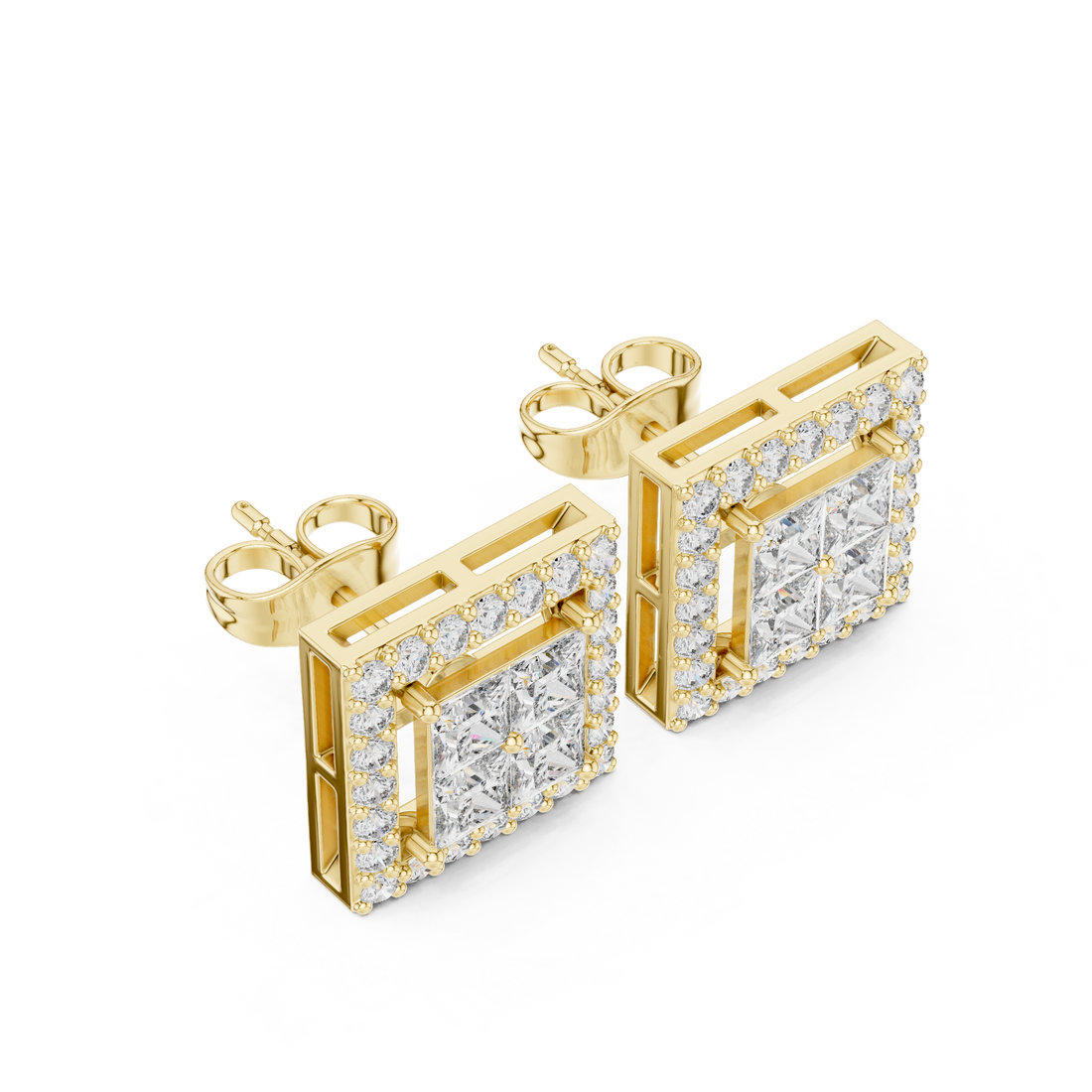 Brilliant princess cut diamond halo stud earrings with round brilliant frame