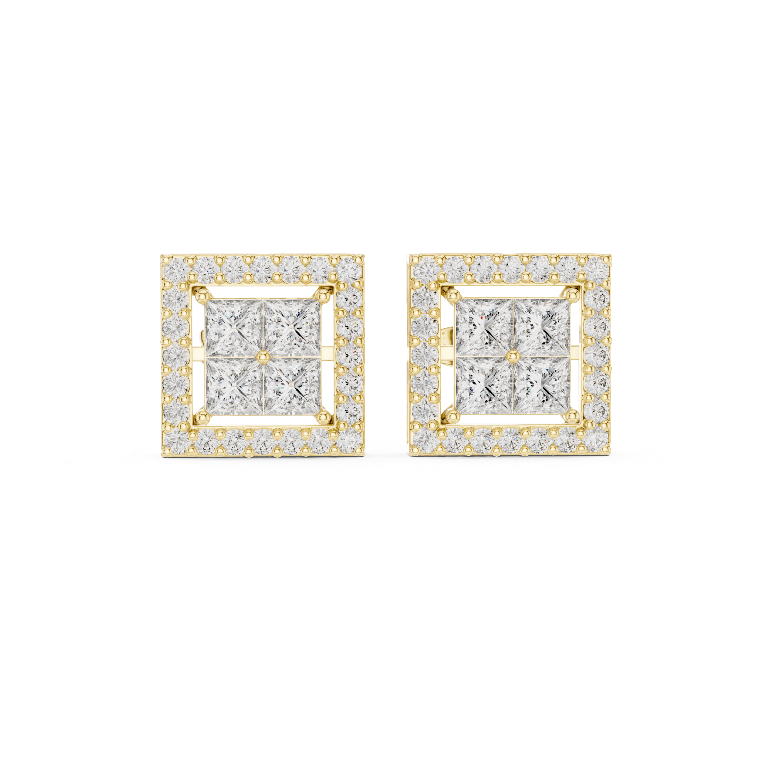 High shine princess cut diamond halo stud earrings square shape round border
