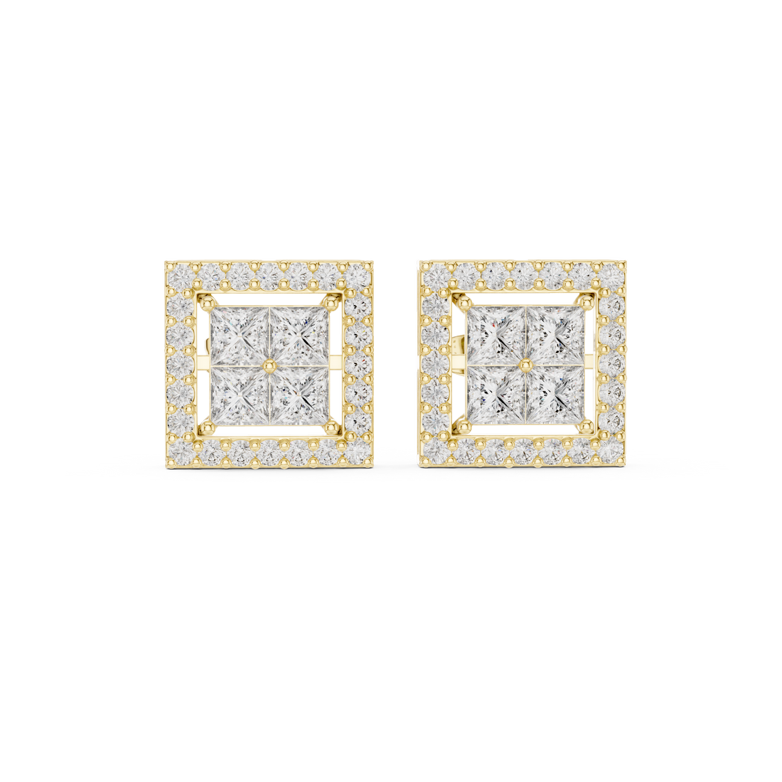 High shine princess cut diamond halo stud earrings square shape round border