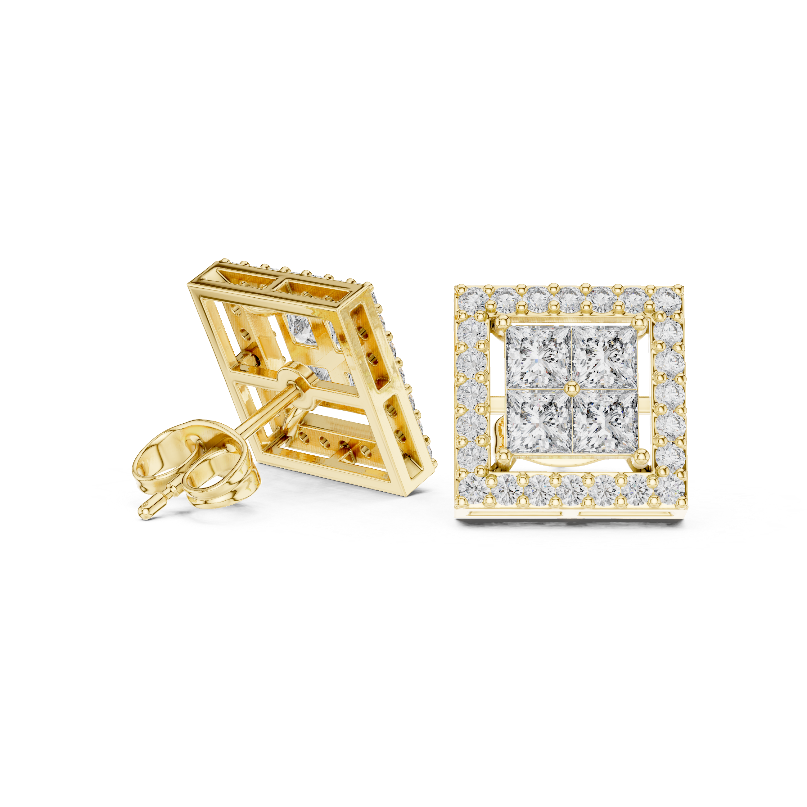 Premium princess cut diamond square halo stud earrings modern design