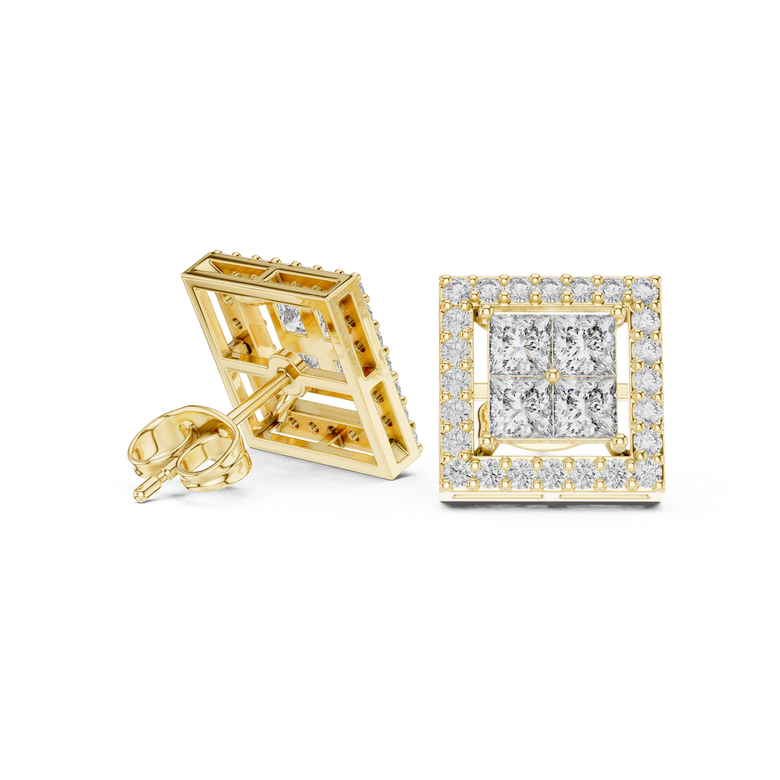 Premium princess cut diamond square halo stud earrings modern design