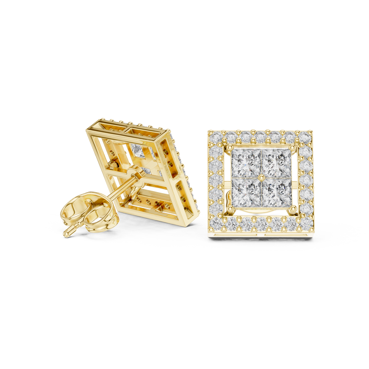 Premium princess cut diamond square halo stud earrings modern design