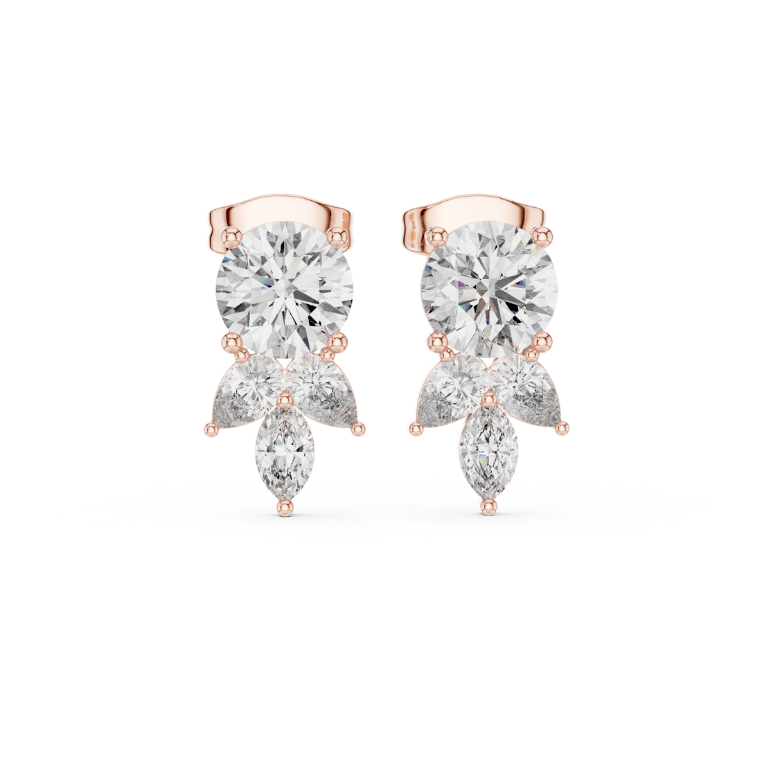Round pear and marquise cut diamond drop stud earrings