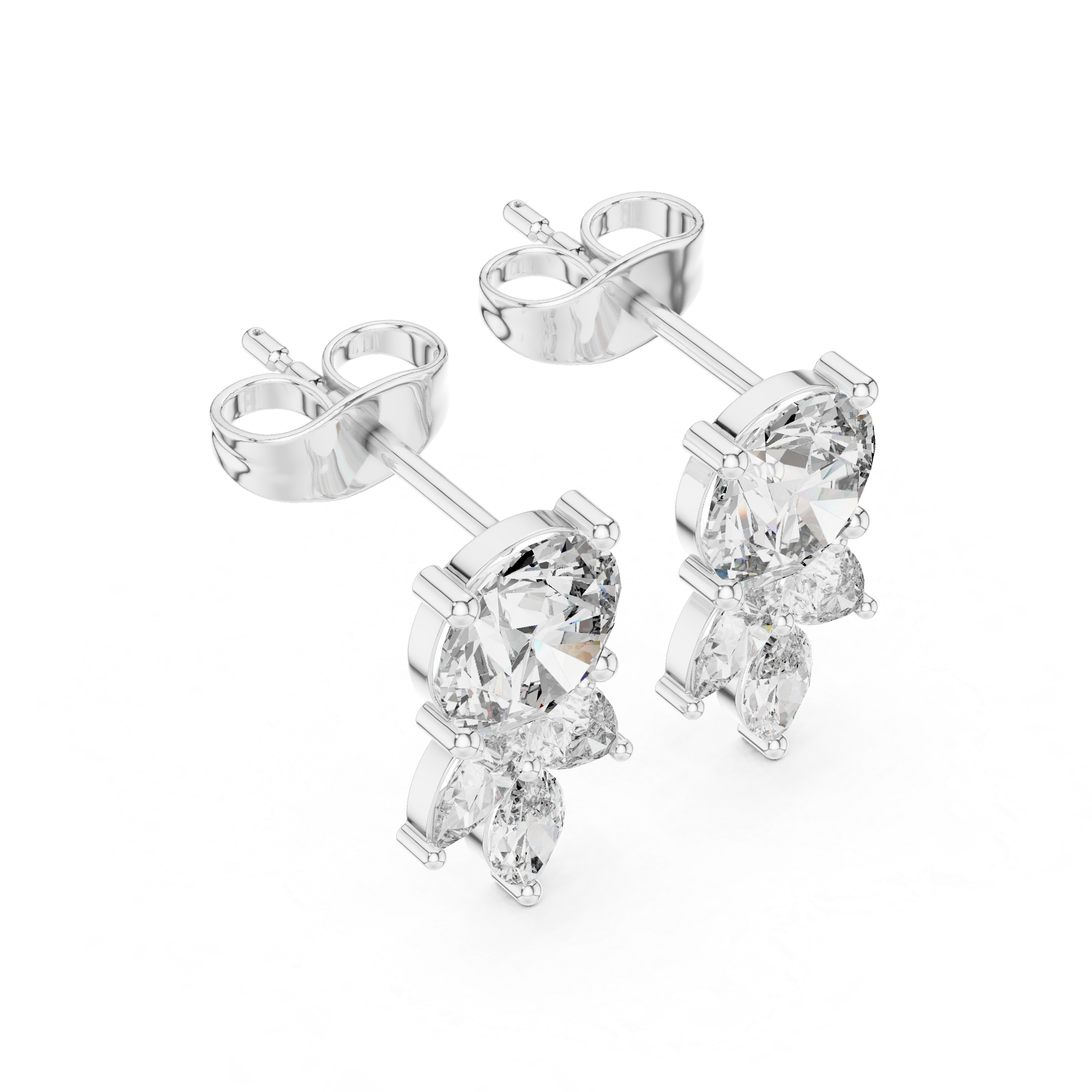 Sparkling round pear and marquise cut diamond drop stud earrings close-up