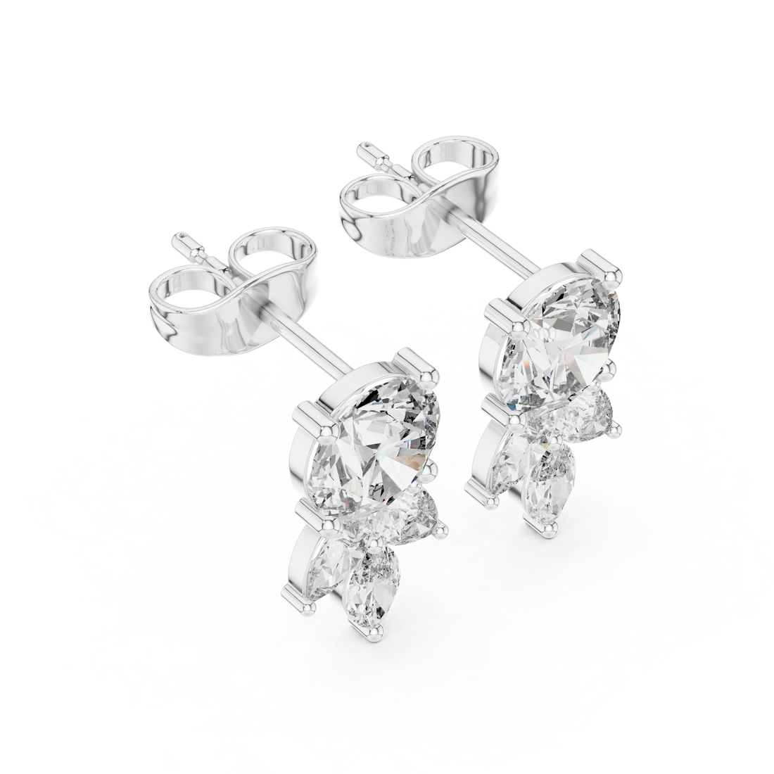 Sparkling round pear and marquise cut diamond drop stud earrings close-up